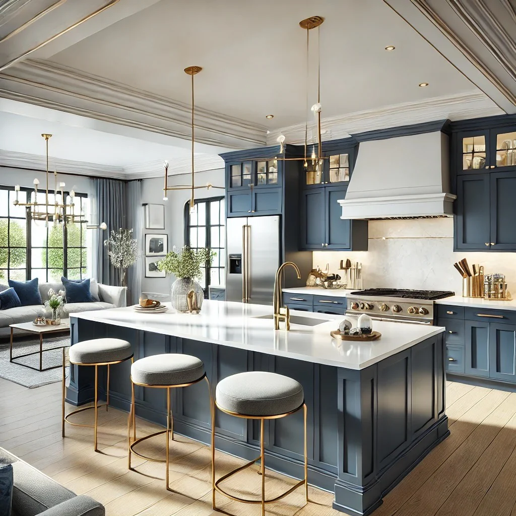 14. Elegant Navy Kitchen With Statement Island Seating and Gold Lighting Accents (Navy Blue Kitchen Cabinets Ideas)