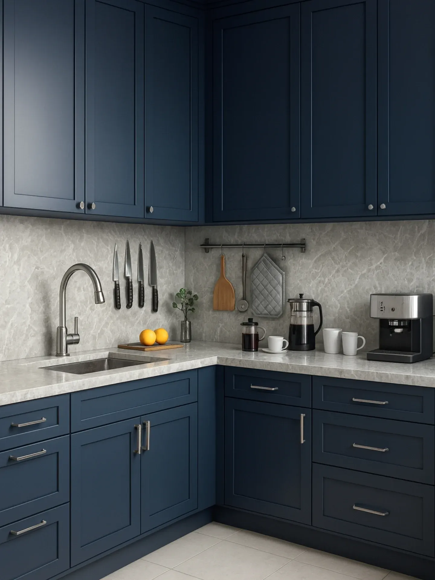 7. Navy Corner Kitchen With Light Stone Surfaces & Minimalist Styling (Navy Blue Kitchen Cabinets Ideas)
