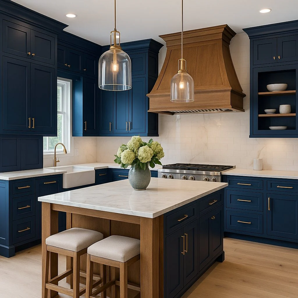 4. Navy & Natural Wood Kitchen With Brass Accents and a Sculptural Range Hood (Navy Blue Kitchen Cabinets Ideas)