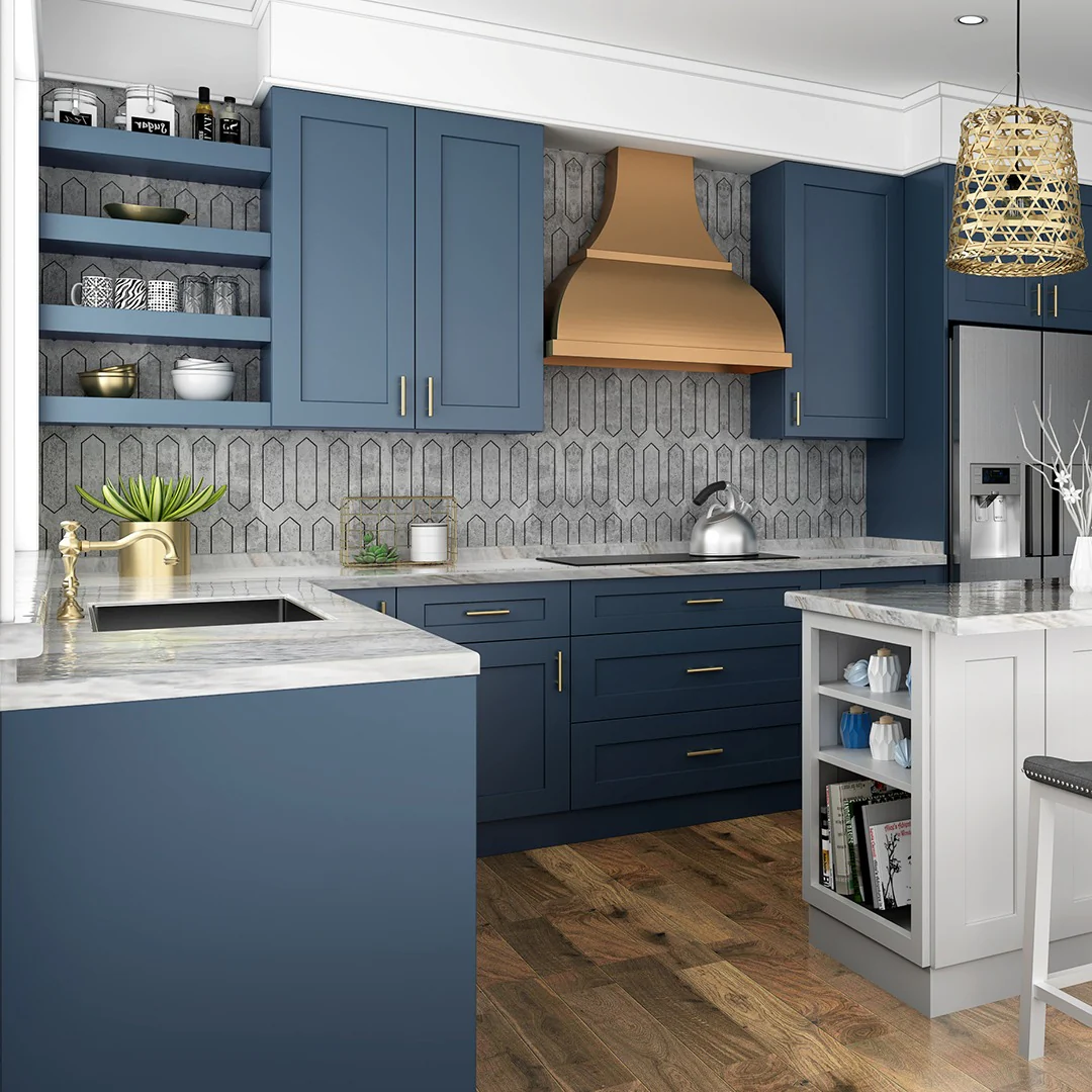 13. Navy & White Transitional Kitchen With Graphic Tile Backsplash and Gold Range Hood (Navy Blue Kitchen Cabinets Ideas)