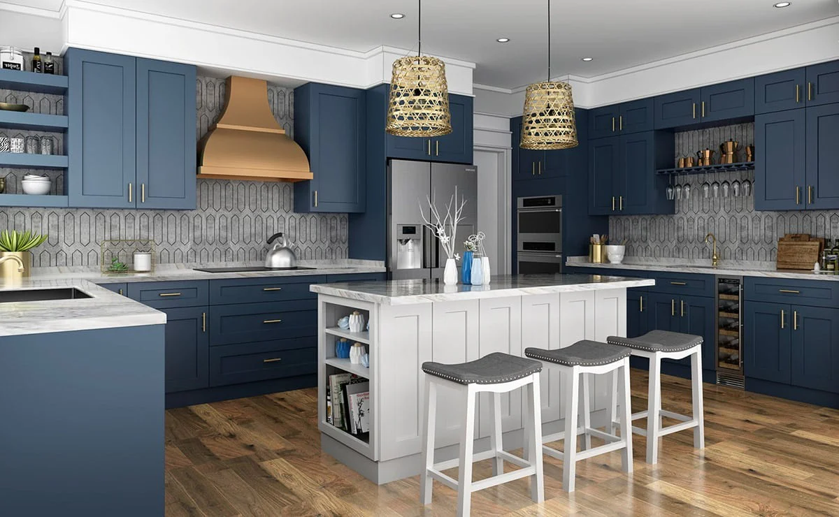 6. Two-Tone Navy & White Kitchen With Patterned Backsplash and Gold Hardware (Navy Blue Kitchen Cabinets Ideas)
