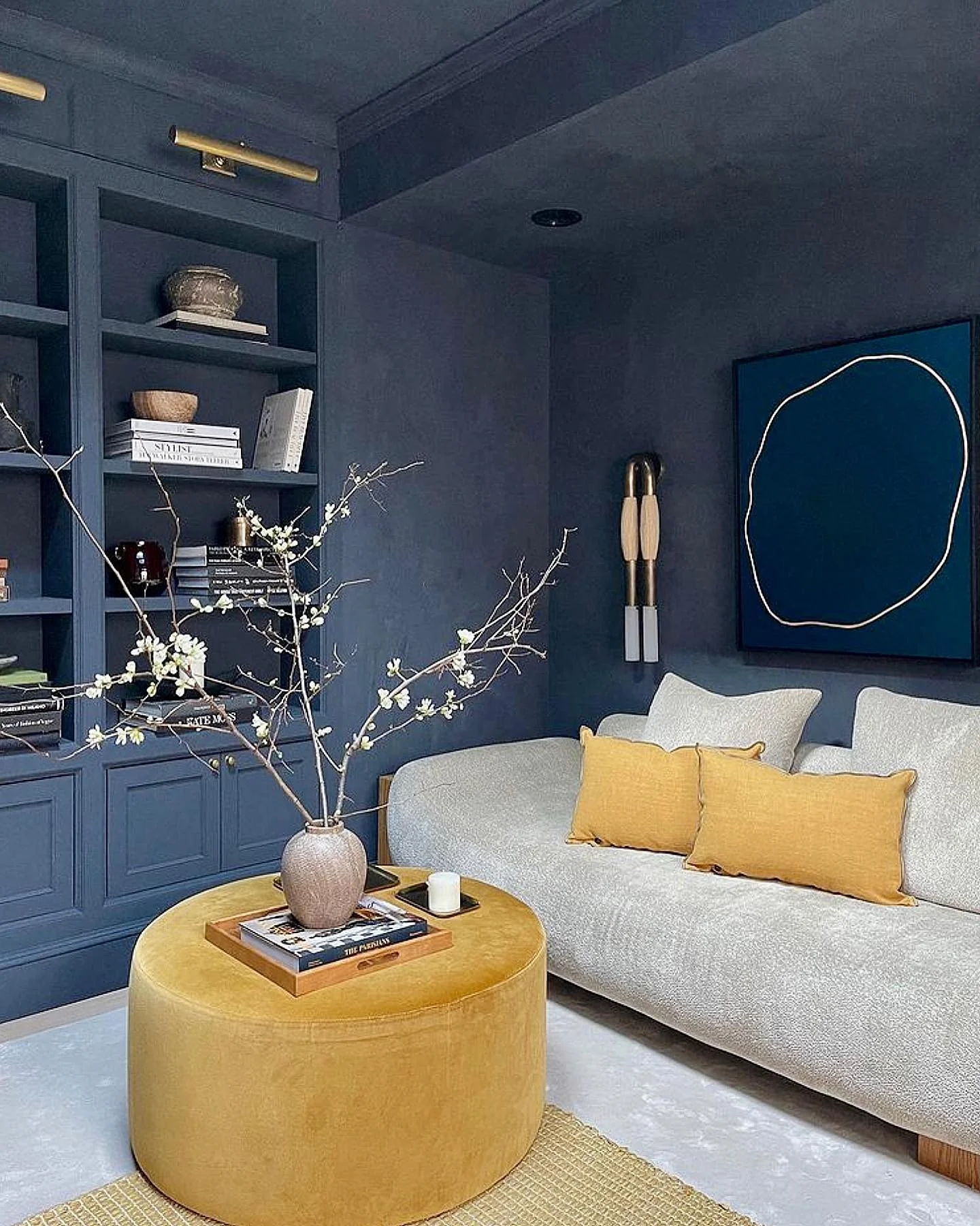 1. Deep Navy Library Lounge with Mustard Accents (Navy Blue Living Room Ideas)