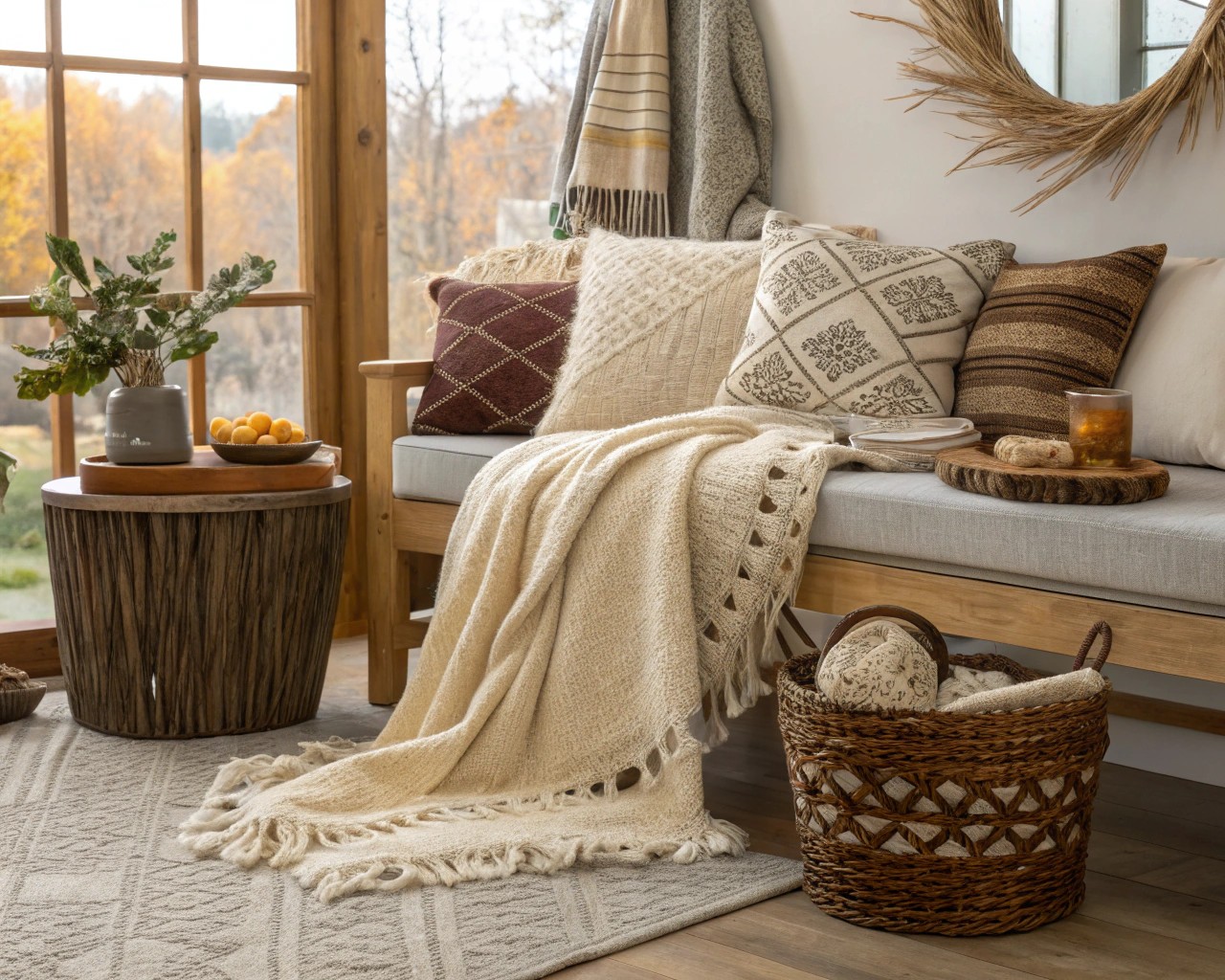 A successfully mixed material living area that combines wood, metal, and textiles.