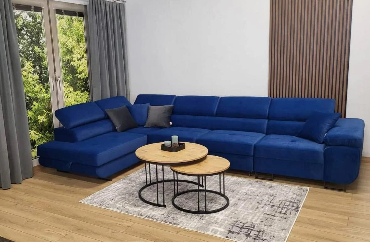 11. Sleek Sectional Statement with Royal Blue + Warm Wood + Charcoal (Royal Blue Sofa Living Room Ideas)