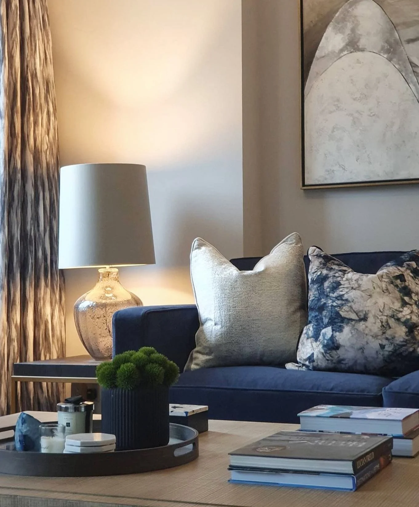 1. Moody Modern Glam with Royal Blue + Soft Greige (Royal Blue Sofa Living Room Ideas)