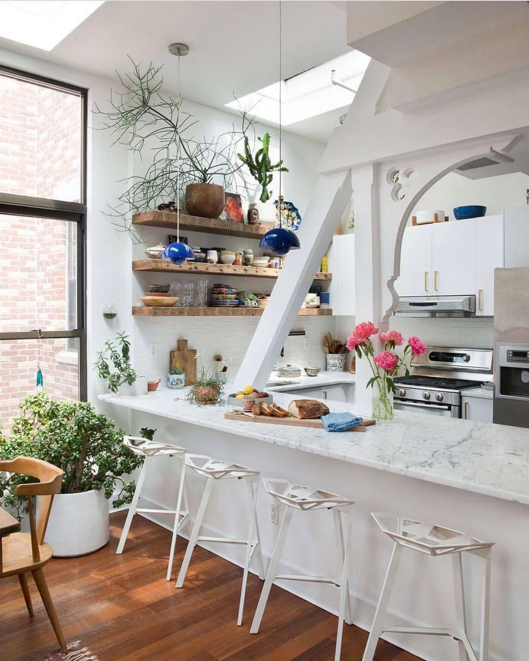 12. Bright White Loft Kitchen + Open Wood Shelves (Crisp White + Warm Walnut Palette) (Earthy Kitchen Ideas)