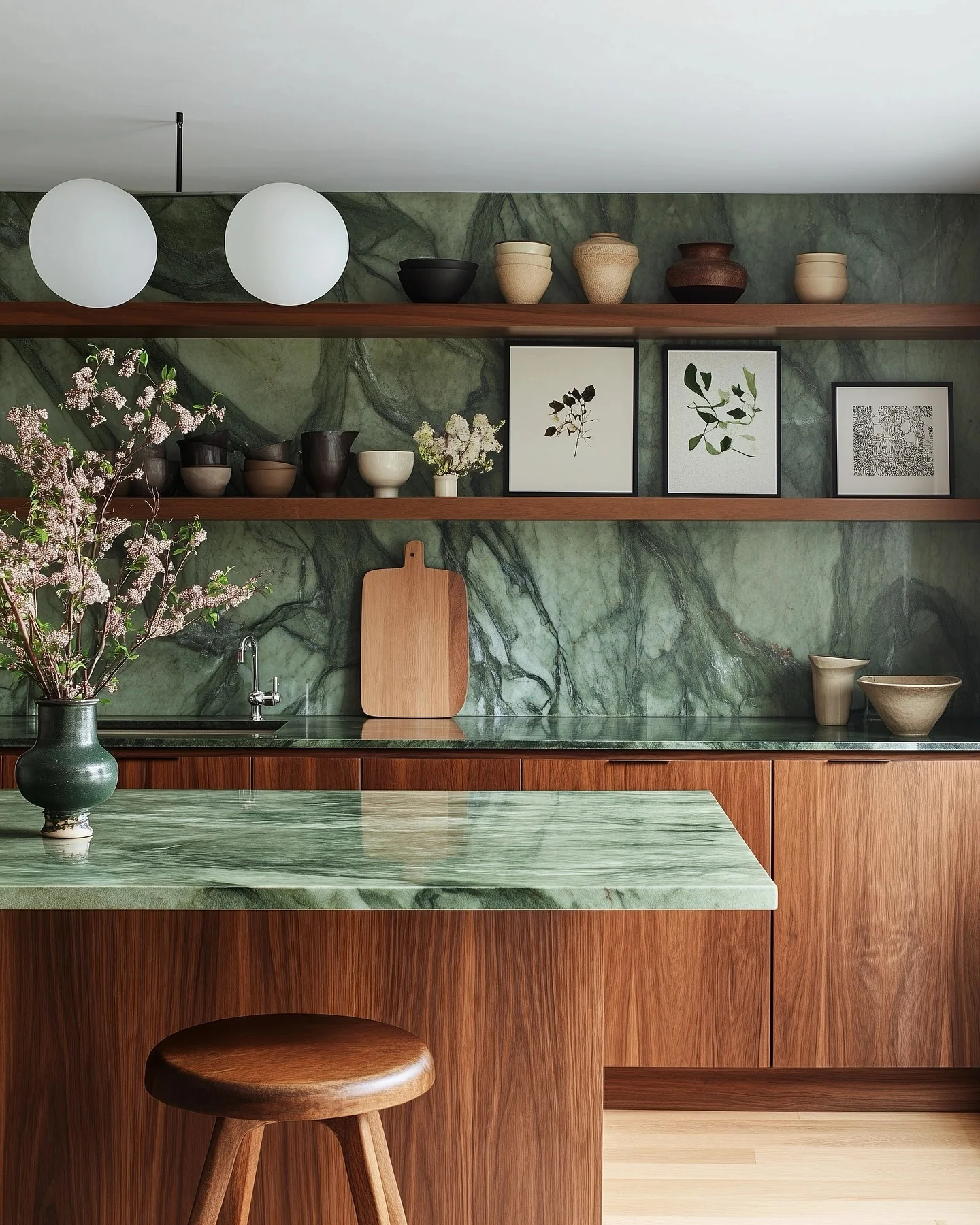 10. Green Stone Backsplash + Warm Wood Cabinets + Open Shelves (Moss + Cedar Palette) (Earthy Kitchen Ideas)