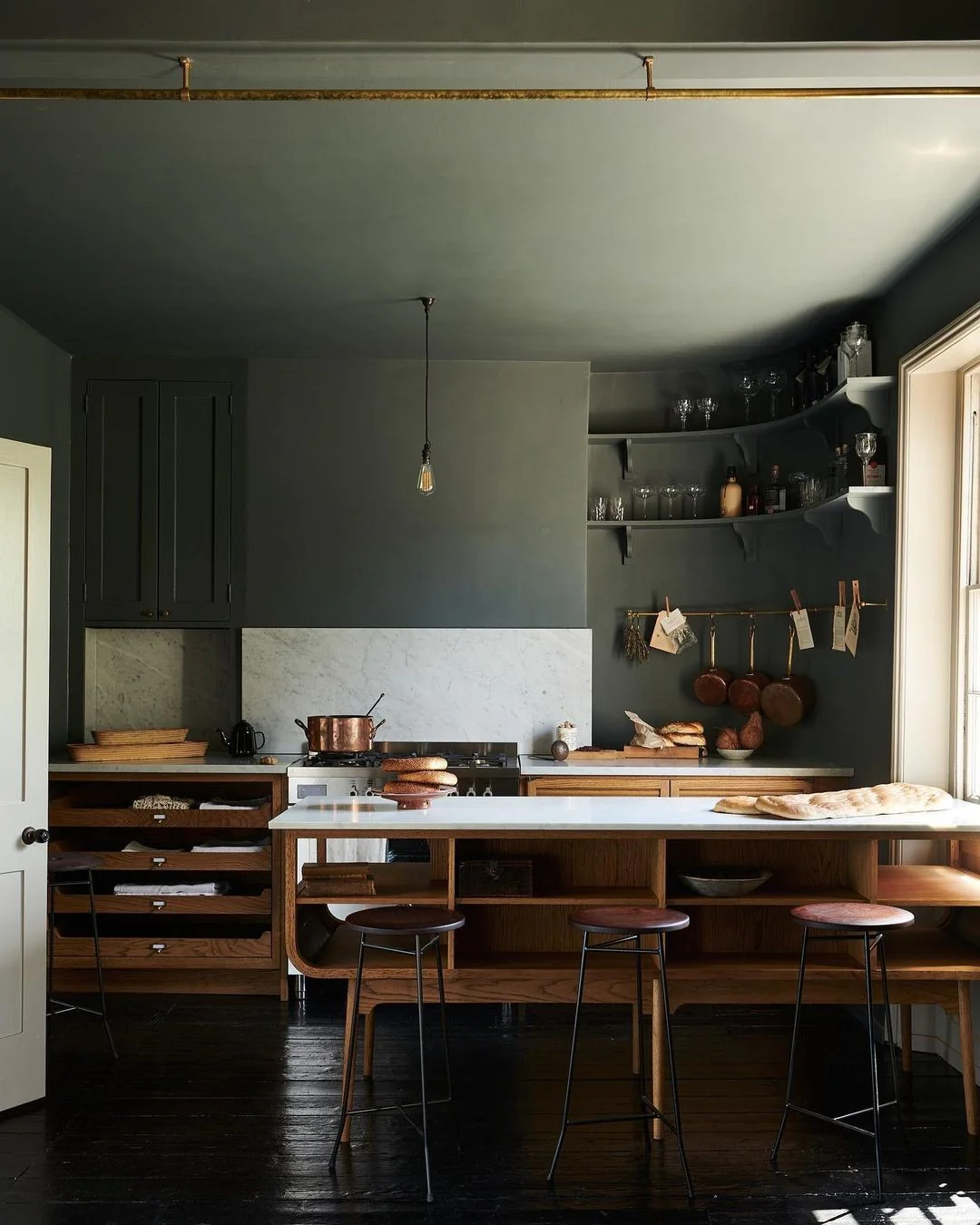 5. Moody Blue-Green Walls + Rustic Wood + Open Shelving (Deep Teal + Chestnut Palette) (Earthy Kitchen Ideas)