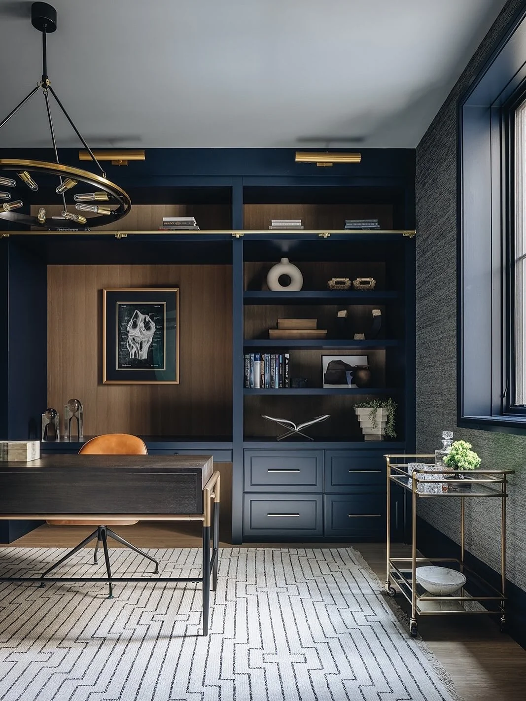 1. Modern Navy Workspace with Brass Accents (Corporate Office Ideas)