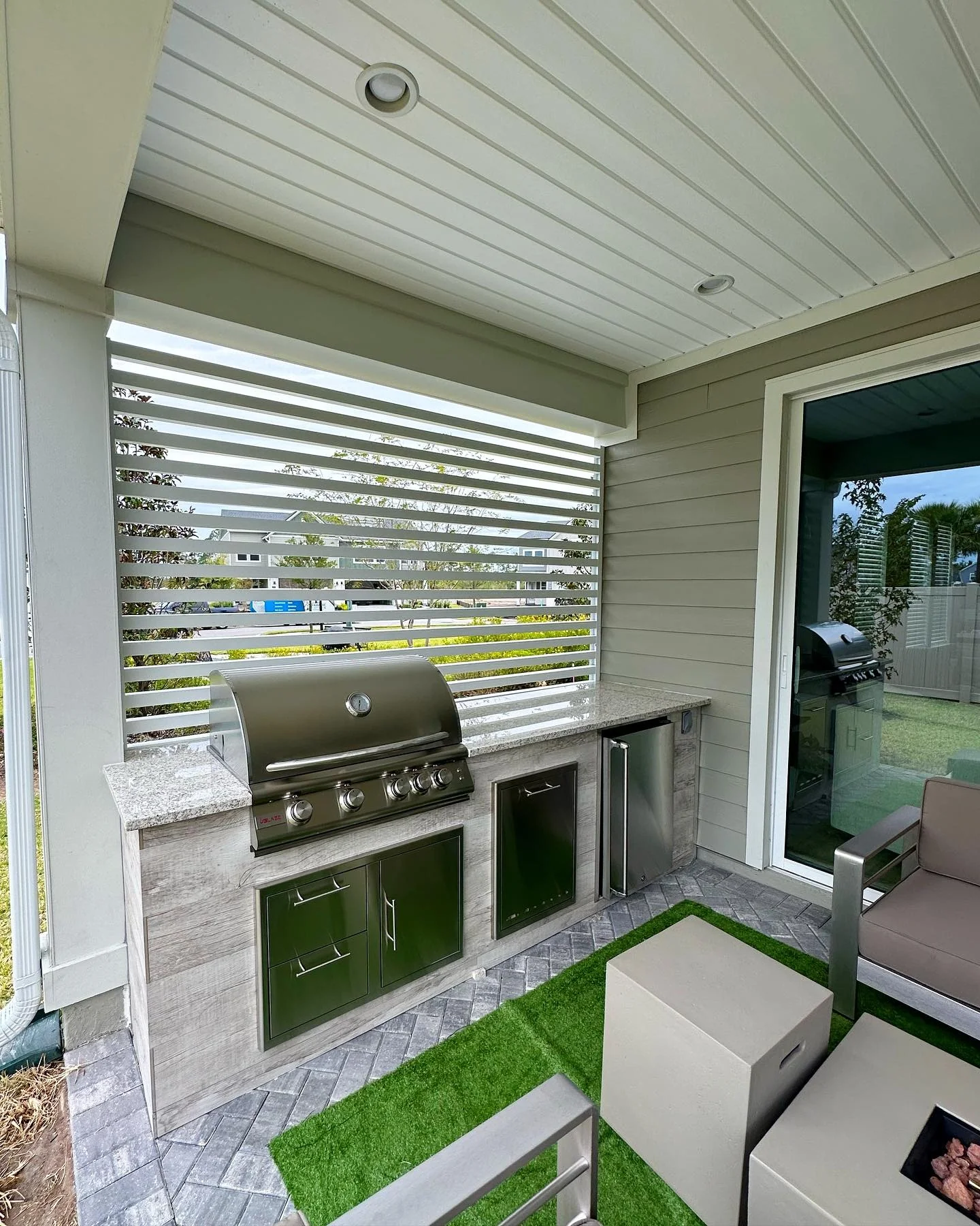 1. Covered Patio Grill Station in Soft Sage & Stainless Steel (Small Outdoor Kitchen Ideas)