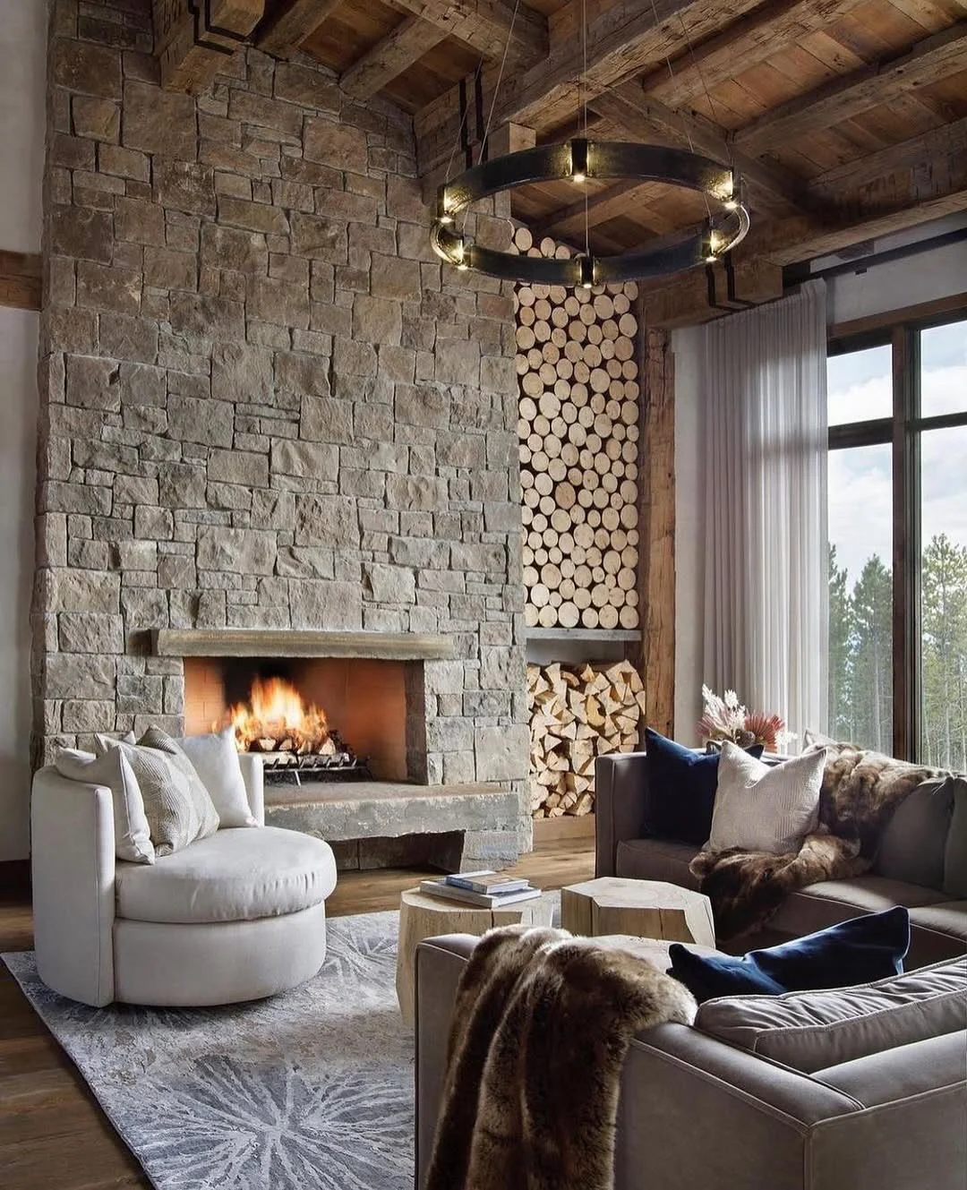 14. Mountain Chalet Living Room with Warm Grays and Natural Wood (Stone Fireplace Living Room Ideas)