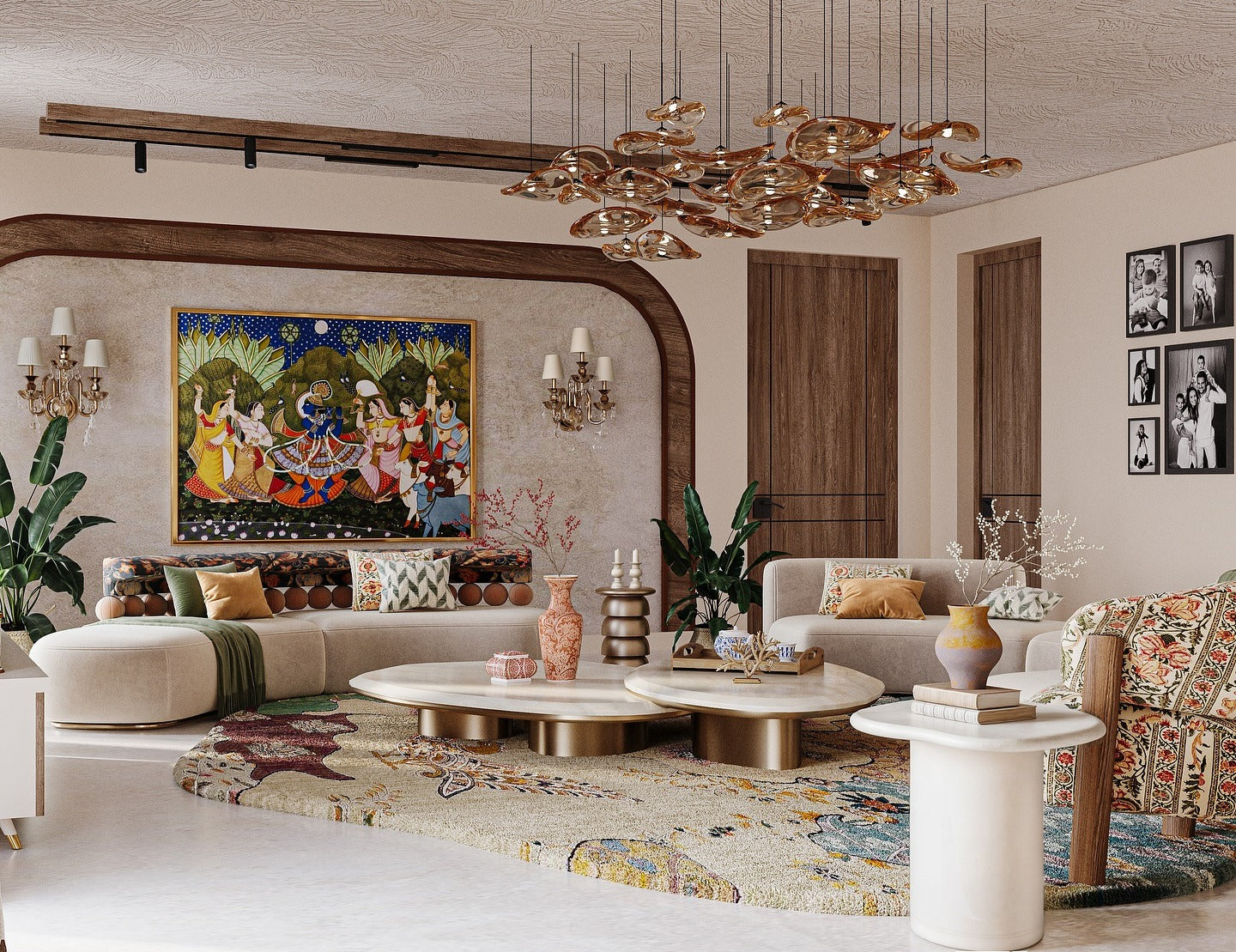 1. Eclectic Elegance with Cultural Expression (Large Living Room Wall Ideas)