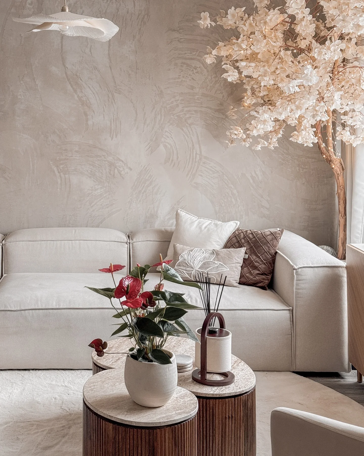 7. Textured Neutrals with Organic Wood Detailing (Japandi Living Room Ideas)