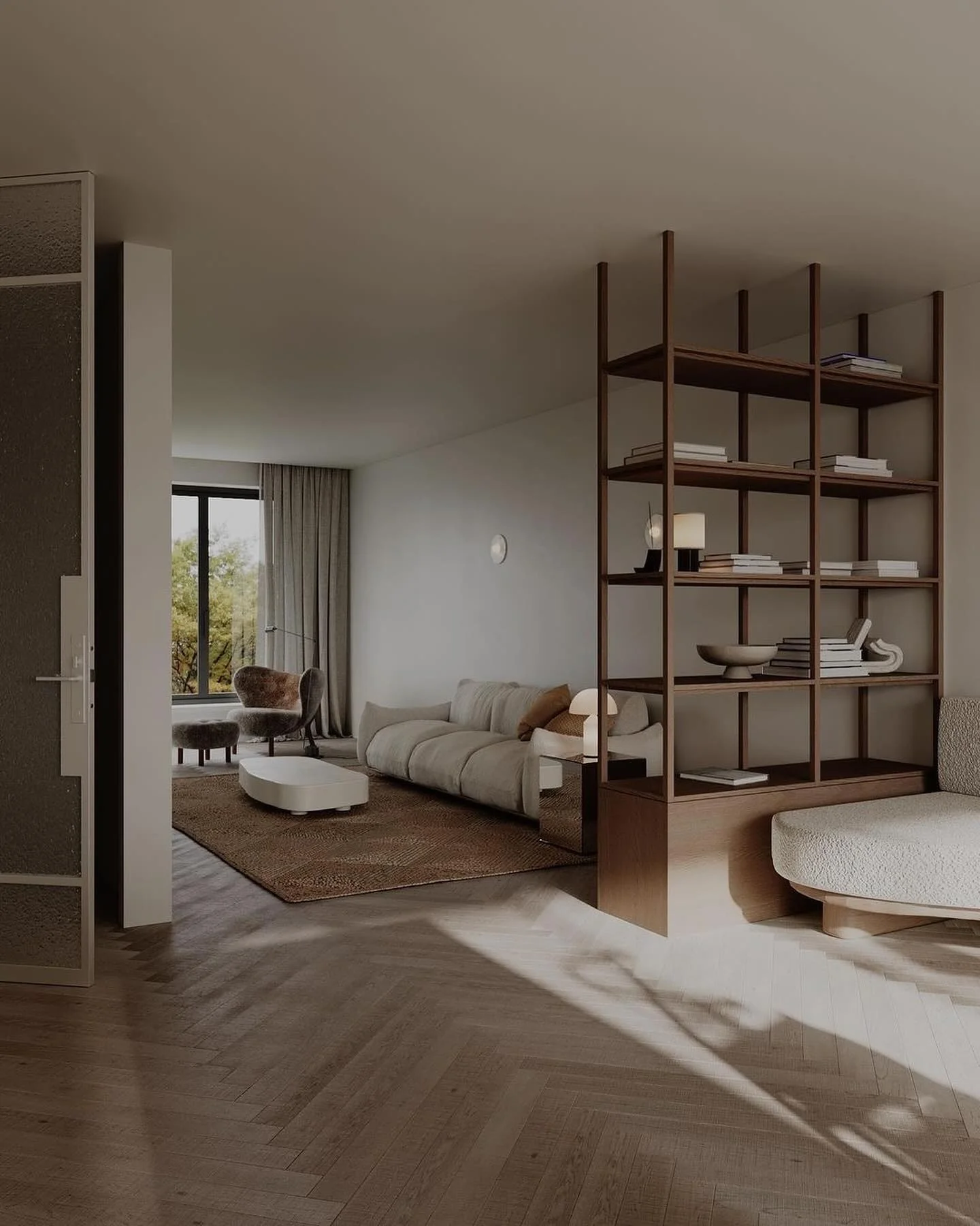 10. Warm Walnut Shelving with Earthy Neutrals (Japandi Living Room Ideas)