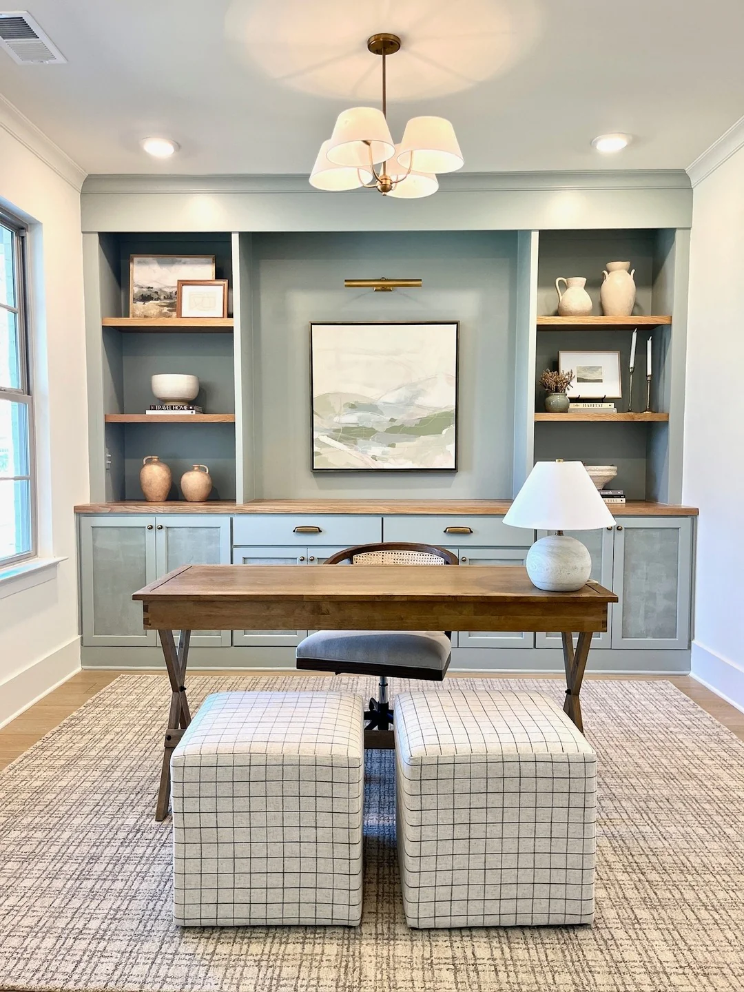 13. Airy Light Blue Built-In Office with Natural Wood Shelves and Neutral Textures (Light Blue Office Ideas)