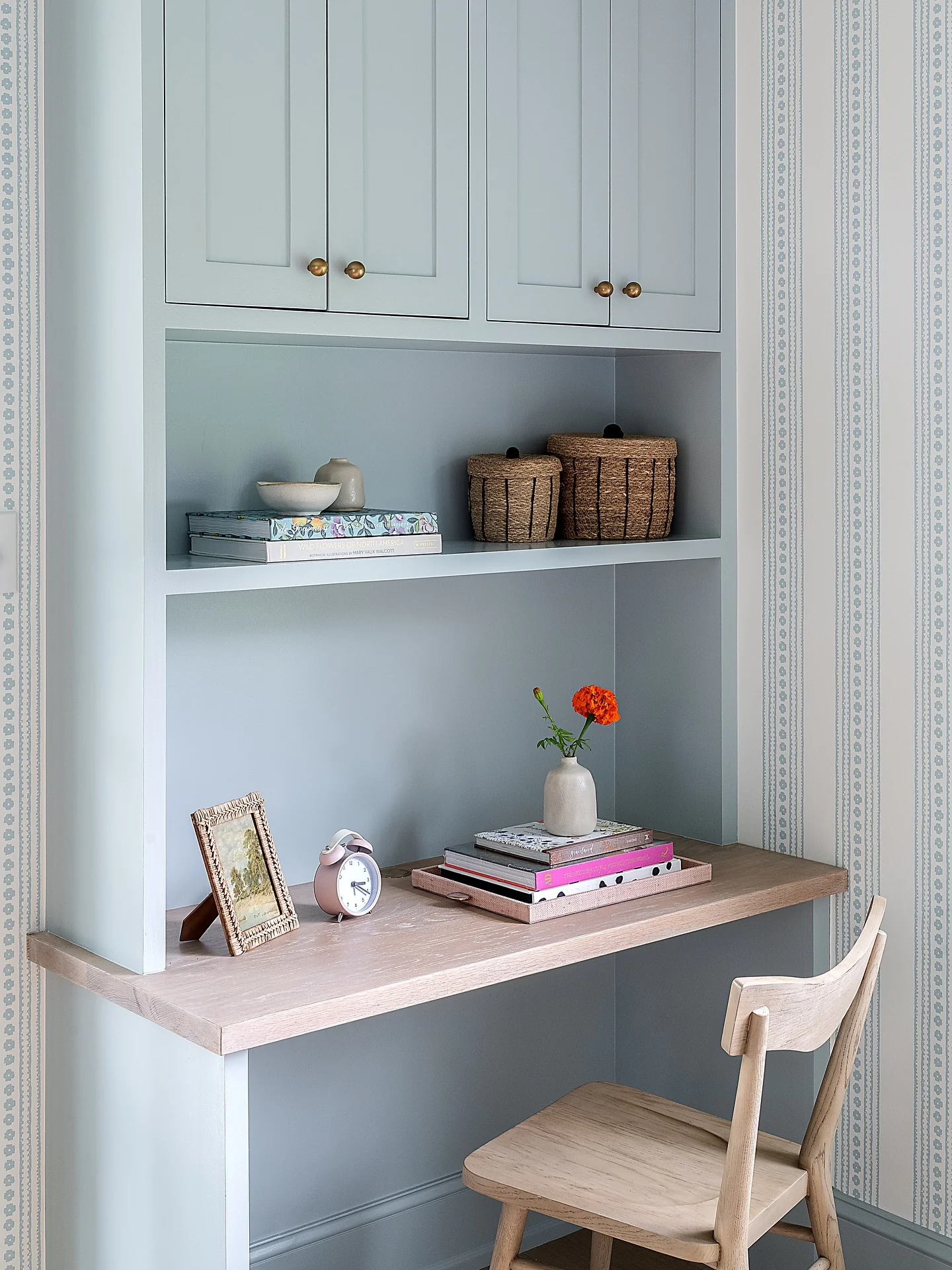 9. Playful Light Blue Office Lounge with Patterned Wallpaper + Warm Wood (Light Blue Office Ideas)