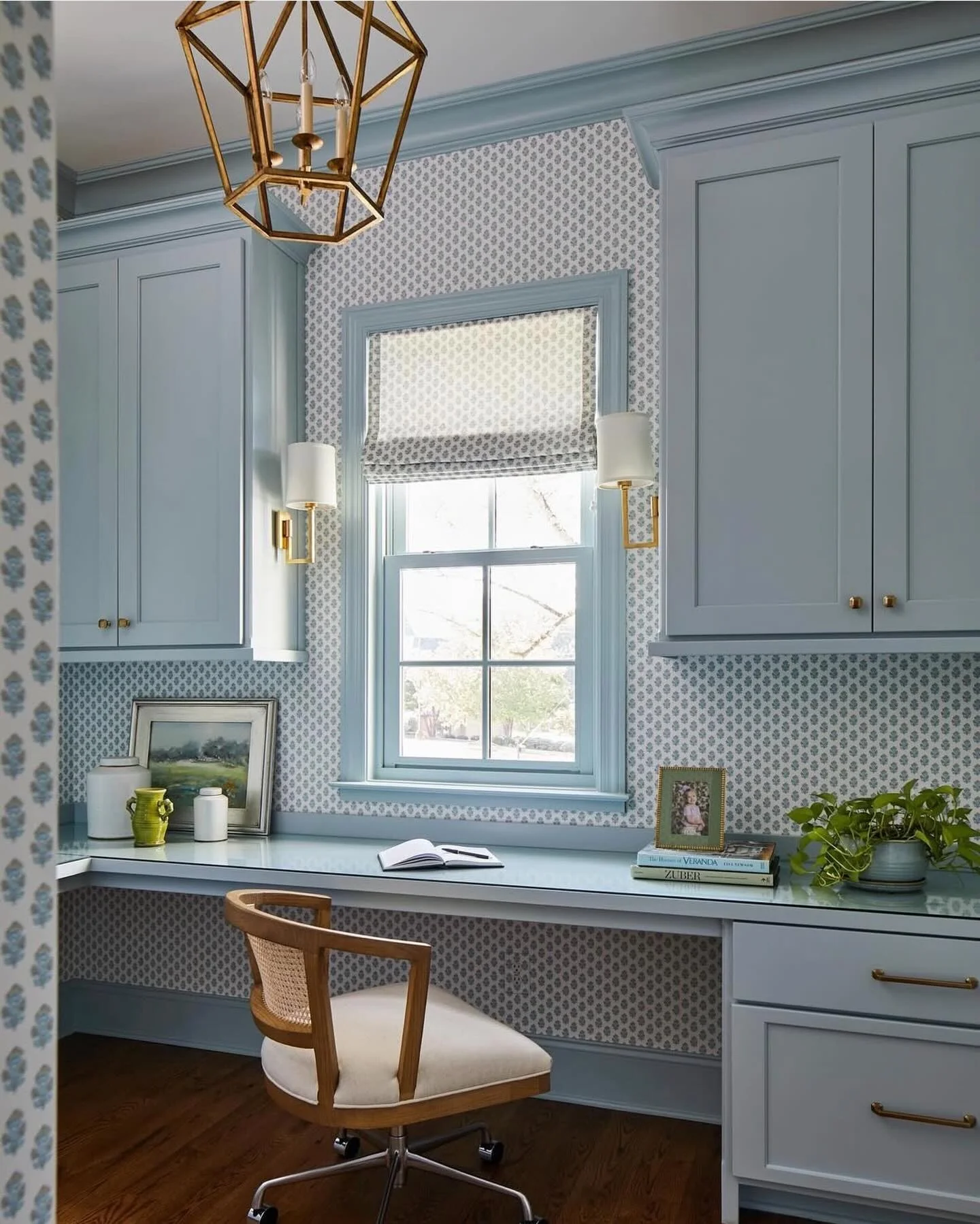 1. Wallpaper-Wrapped Light Blue Office Nook with Brass Accents (Light Blue Office Ideas)