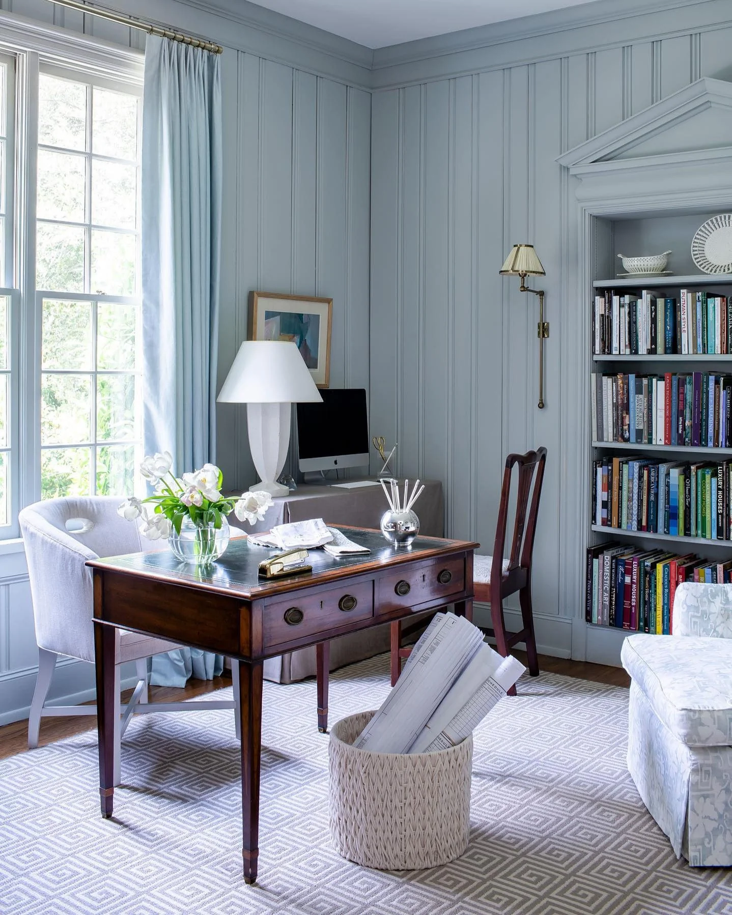 8. Light Blue Home Office with Vertical Paneling and Brass Swing-Arm Sconce (Light Blue Office Ideas)