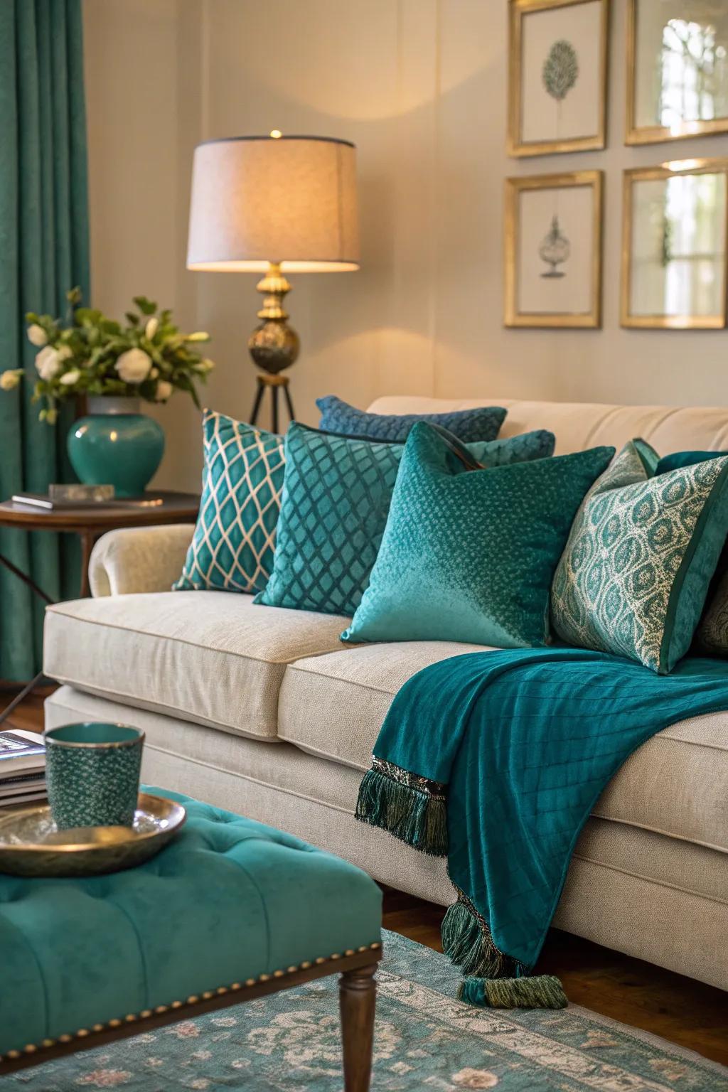Layered textiles in teal and turquoise enrich the space with added warmth and visual appeal.