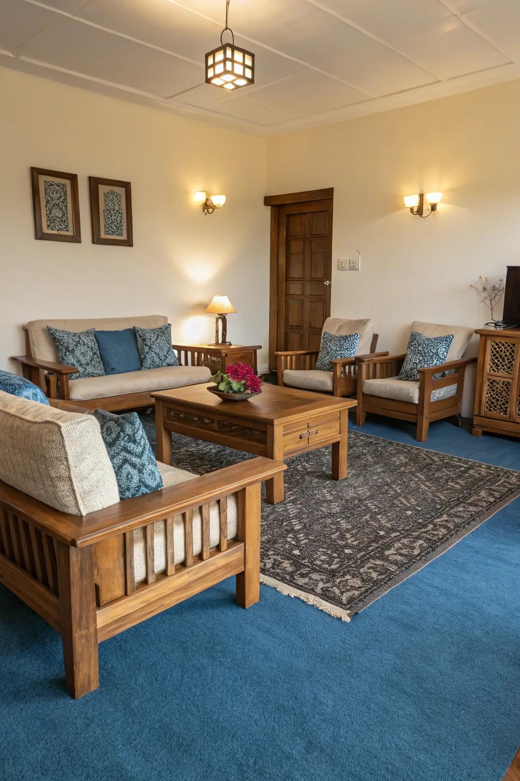 Timber aspects impart warmth and equilibrium to the cool tones of an azure carpet.