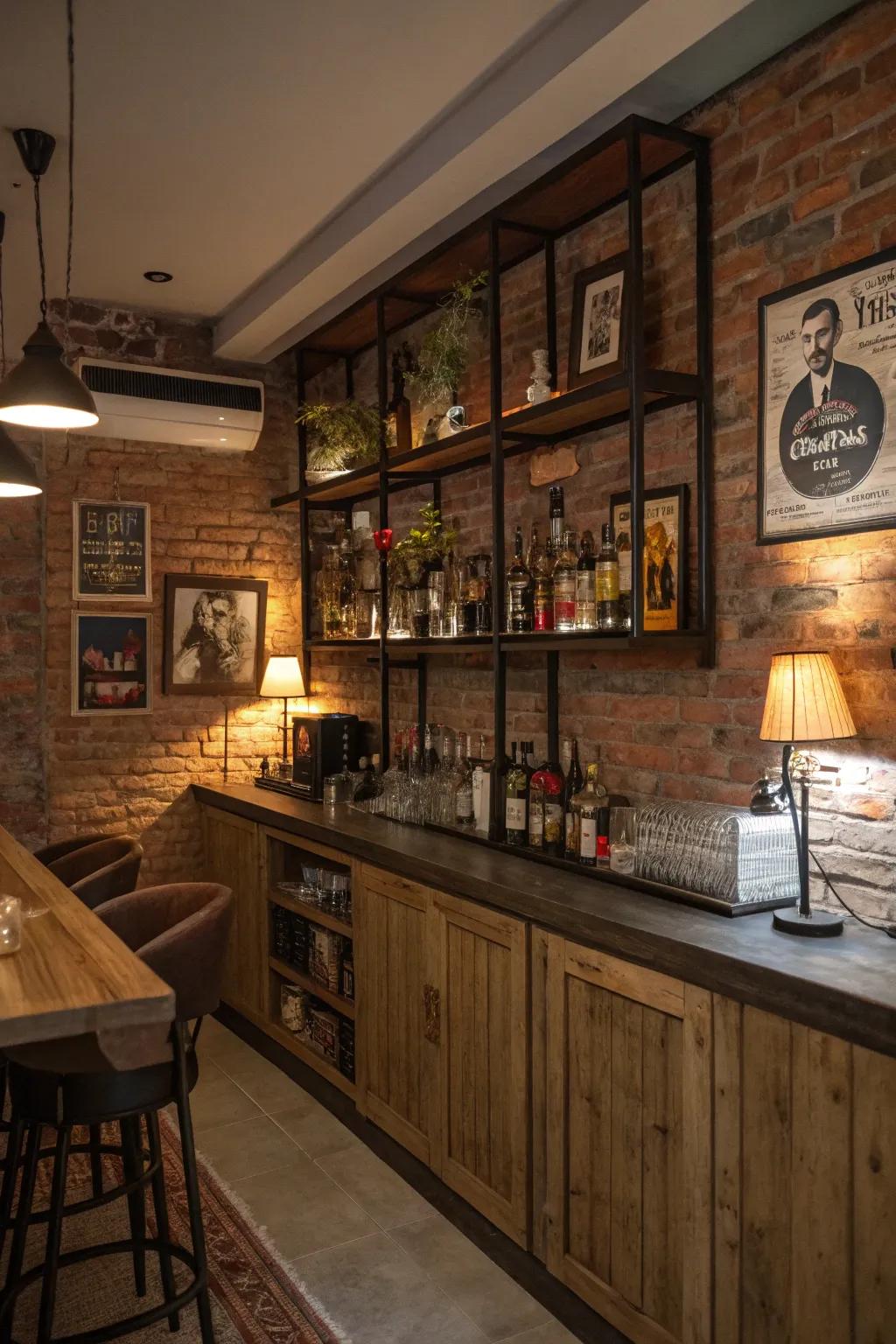 An inviting home bar with an exposed brick wall, enhanced by vintage decor.