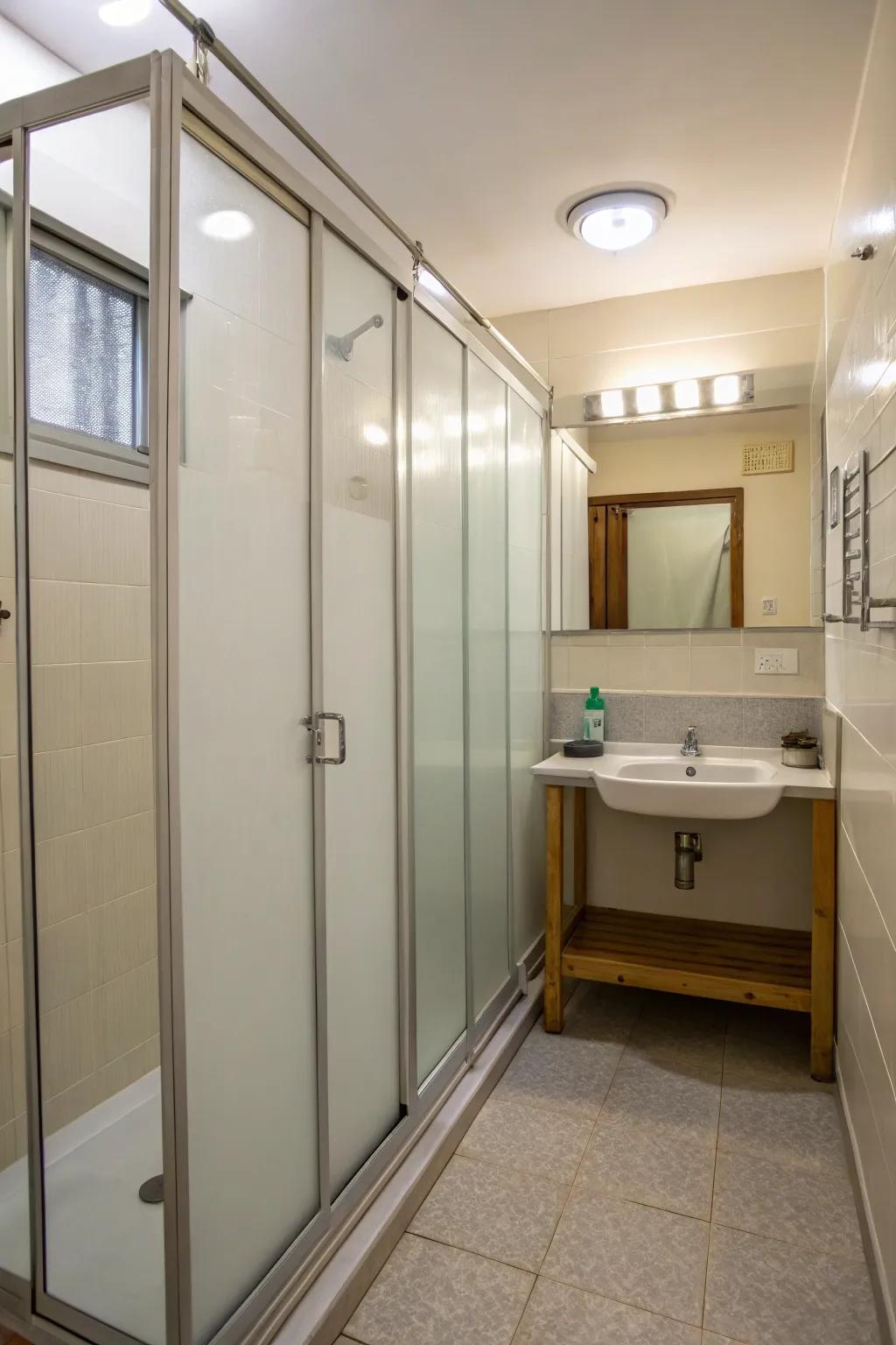 A compact bathroom with see-through dividers for optimum space use.