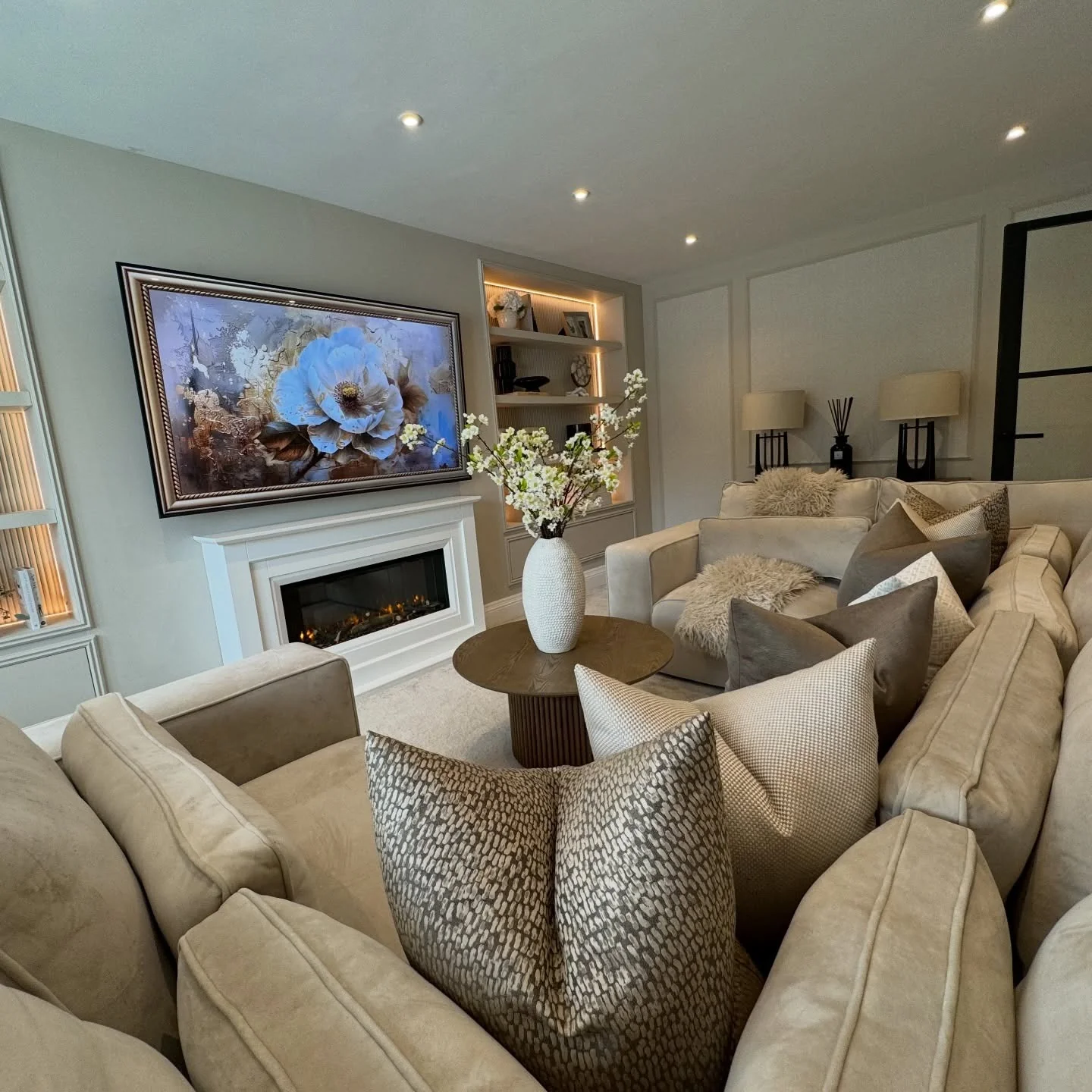 1. Soft Grey and Warm Tan Lounge with Classic Fireplace Styling (Grey and Tan Living Room Ideas)