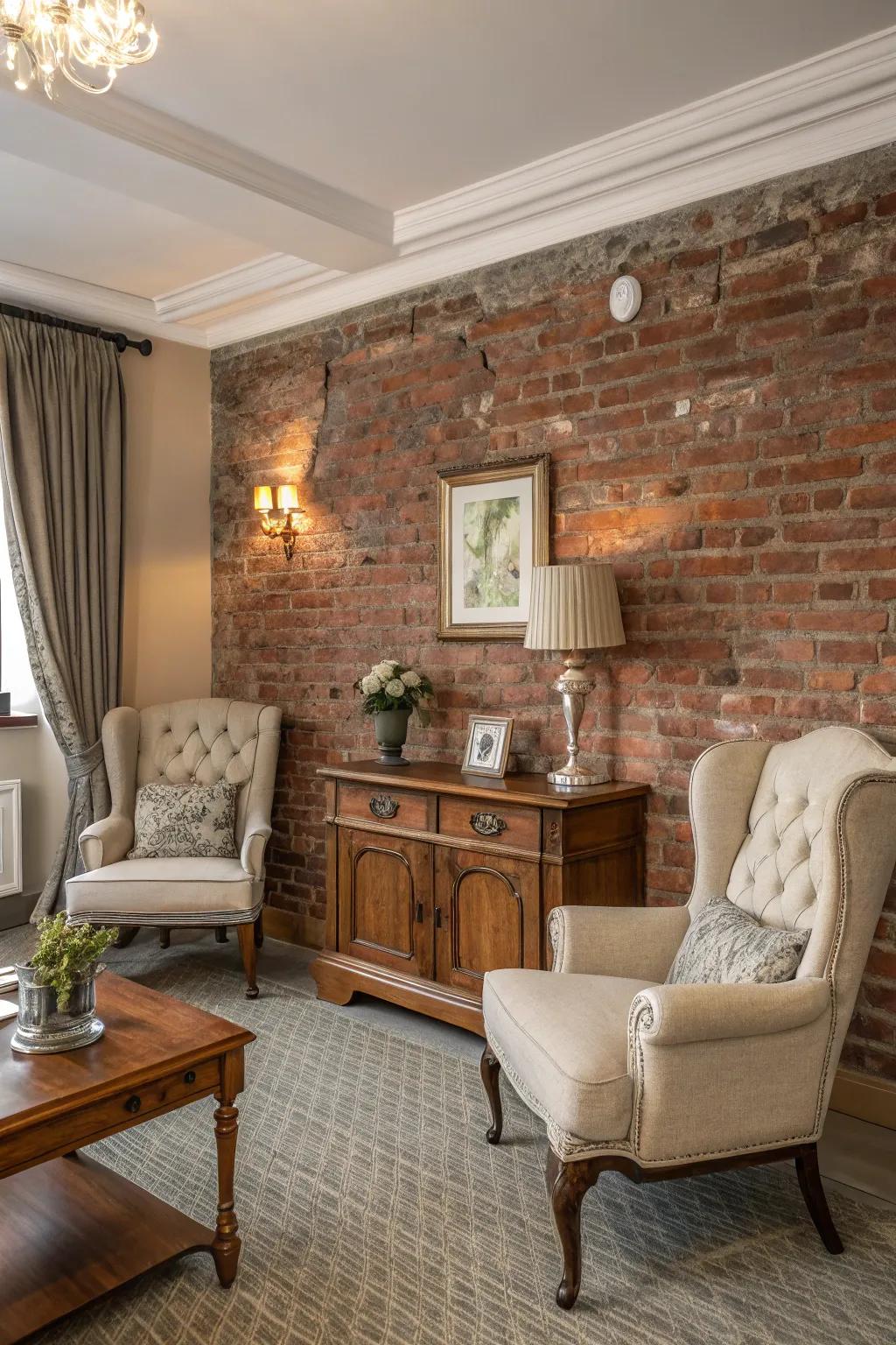 A heritage room featuring classic furnishings and an exposed brick plane.