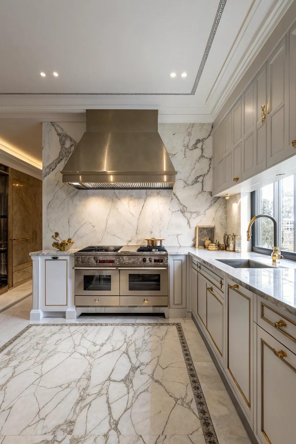 A high-end kitchen design featuring a stone backsplash and harmonizing range hood for an elegant impact.
