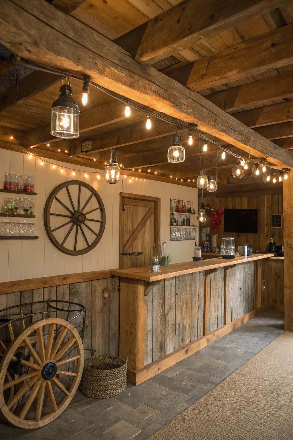 Relish the coziness of a rustic barn bar nestled in your man cave.