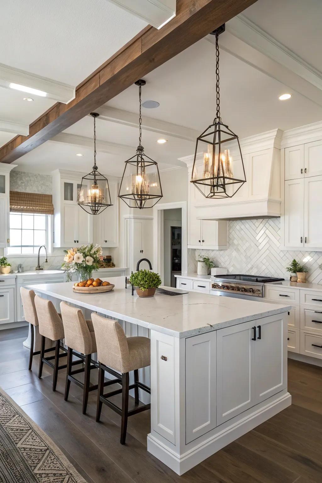 Pendant lights elevate the overall look of a white kitchen.