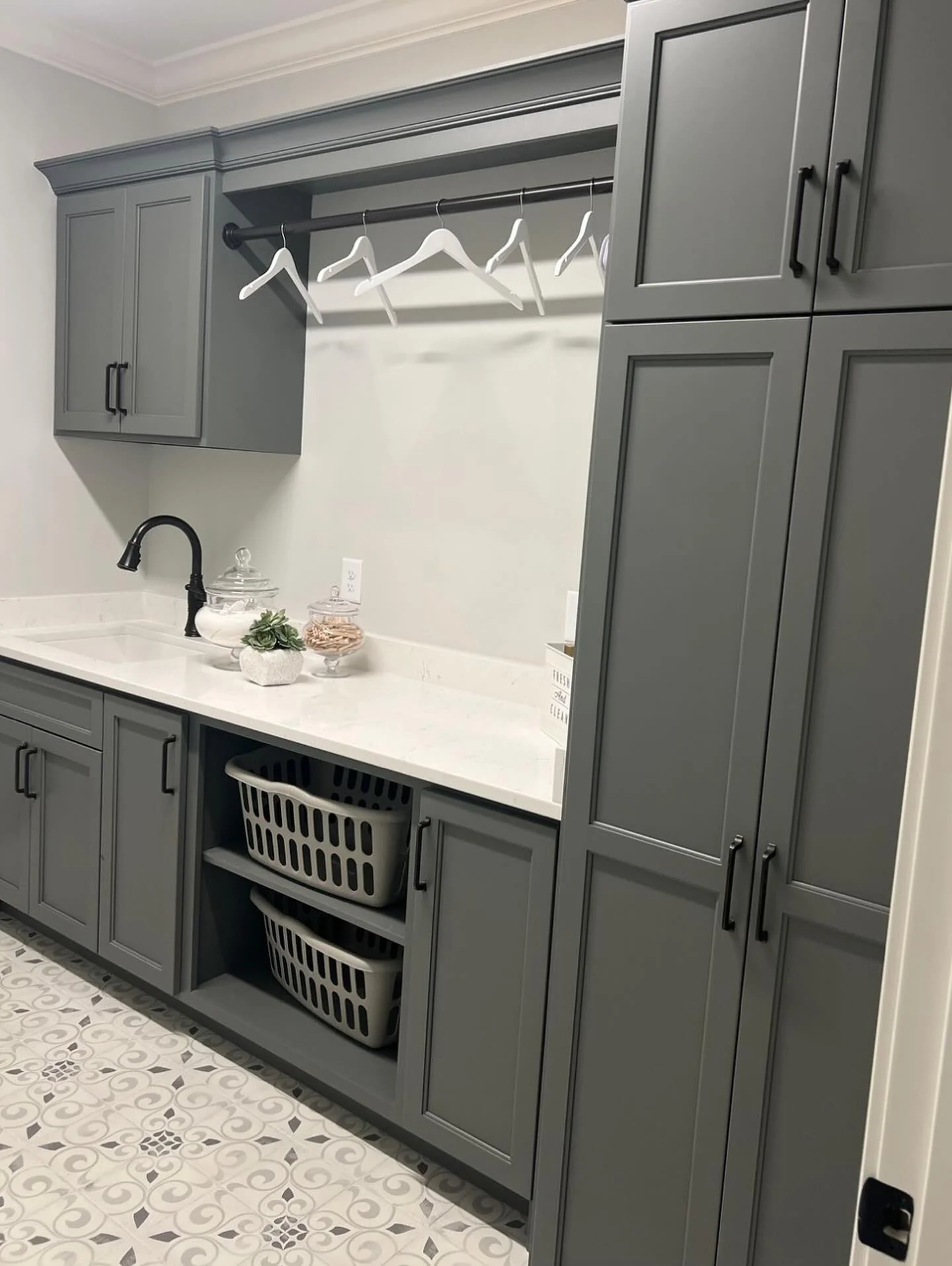 1. Soft Charcoal Utility Kitchen with Floor-to-Ceiling Storage (Tall Kitchen Cabinets Ideas)