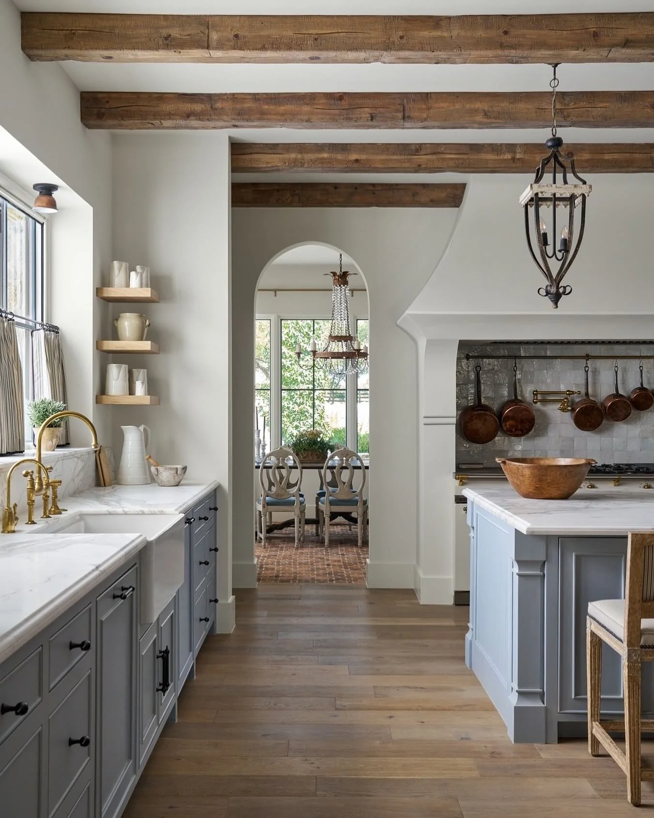 1. Rustic European Kitchen with Soft Gray Cabinetry and Aged Wood Beams (European Kitchen Ideas)
