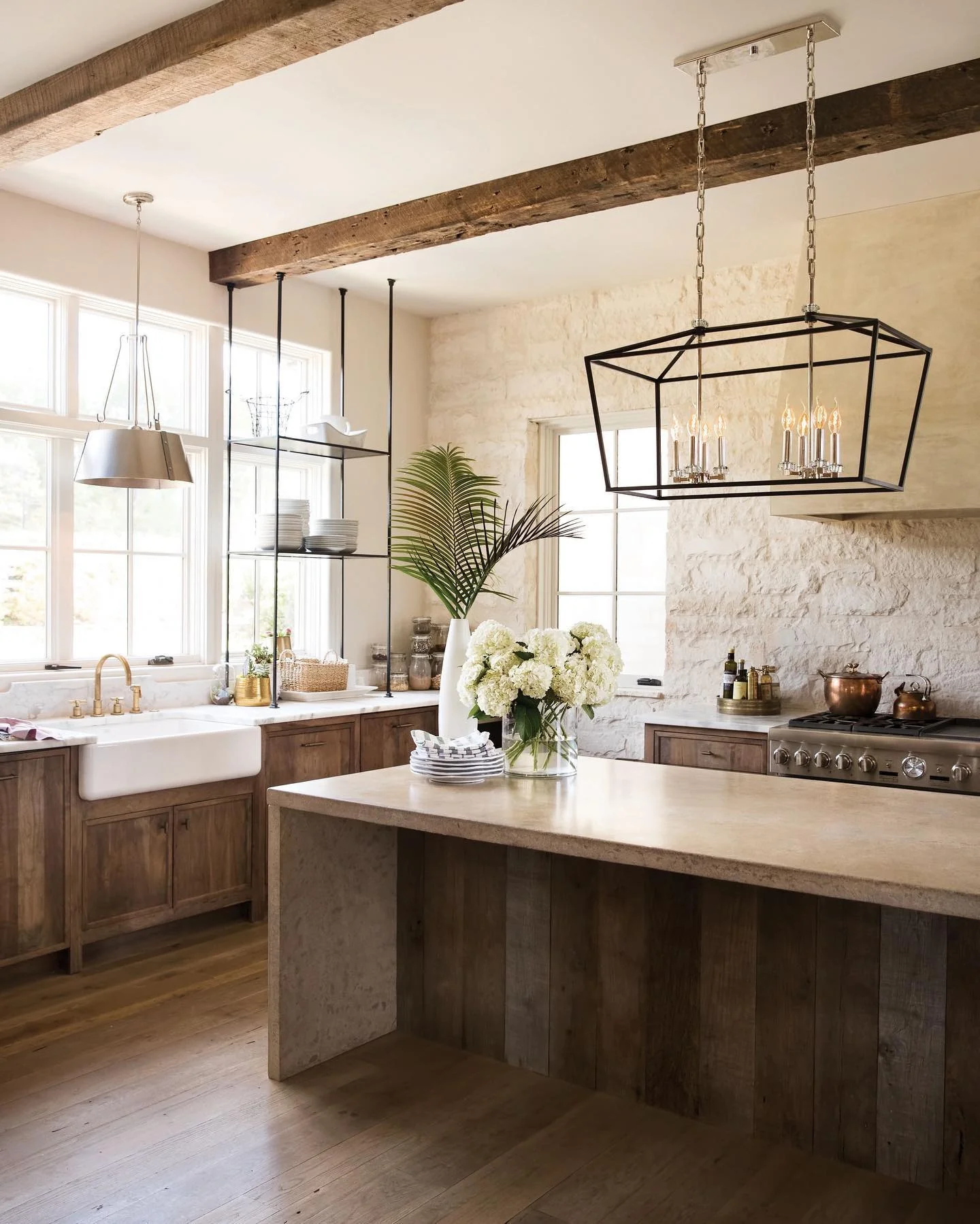 3. Black Frame Lantern Chandelier with Soft White + Reclaimed Wood Contrast (Farmhouse Kitchen Lighting Ideas)