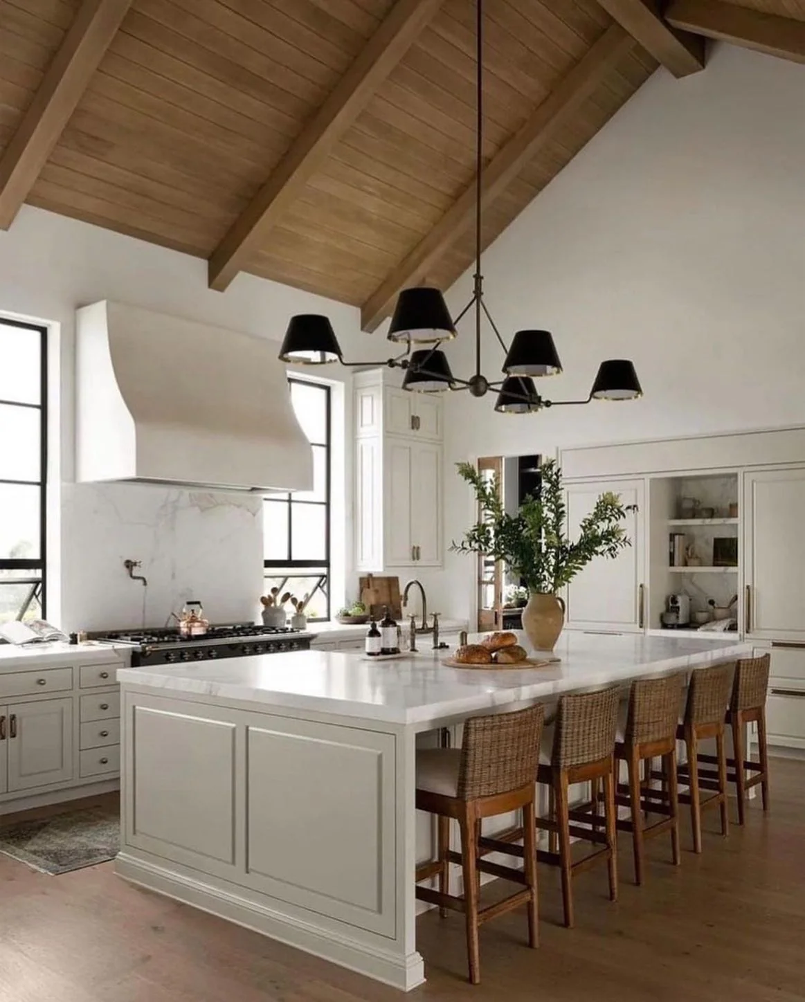 12. Black Shade Chandelier with Natural Wood Vaulted Ceiling + Soft White Palette (Farmhouse Kitchen Lighting Ideas)