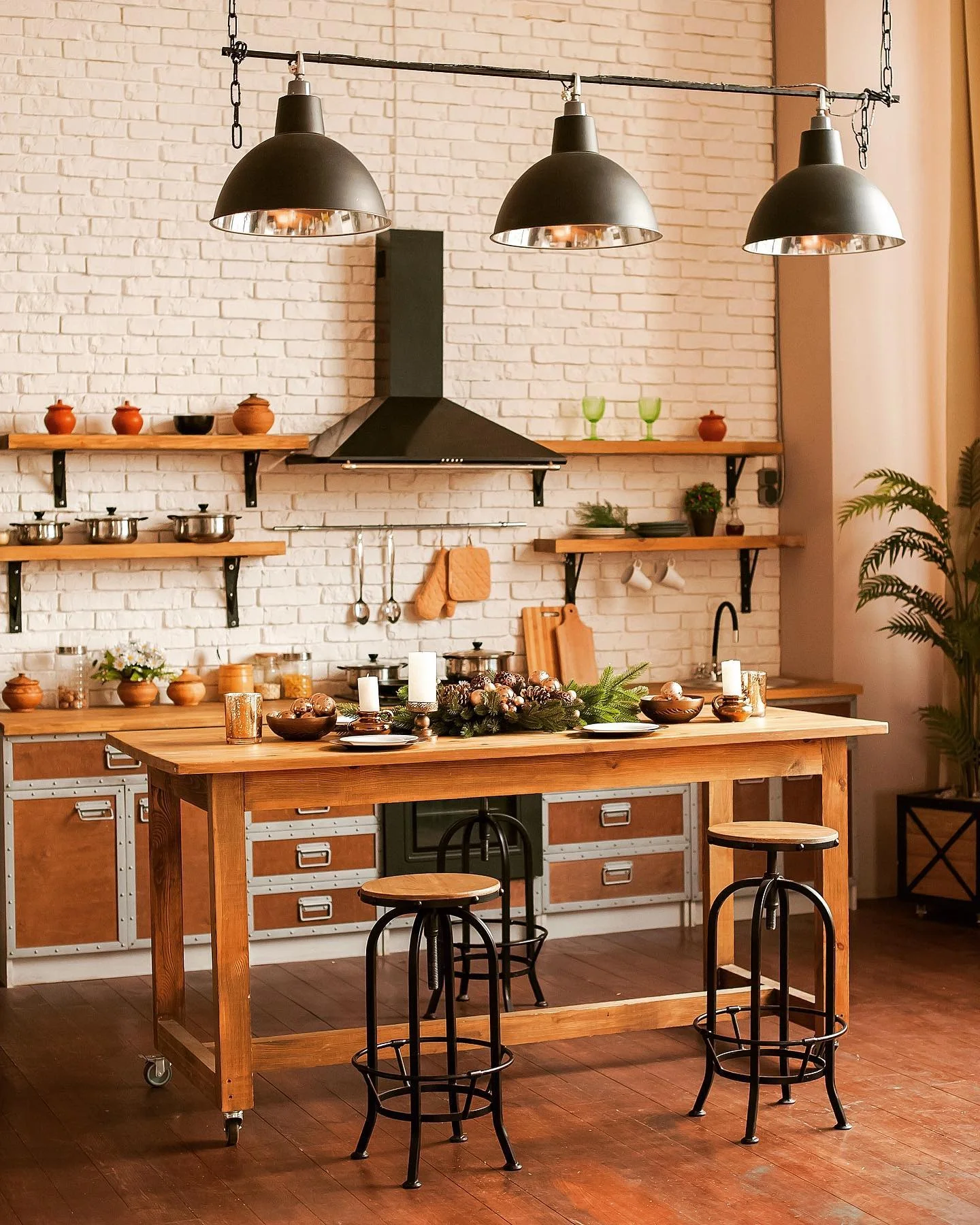 4. Industrial Bar Pendant Trio with White Brick + Natural Wood Warmth (Farmhouse Kitchen Lighting Ideas)