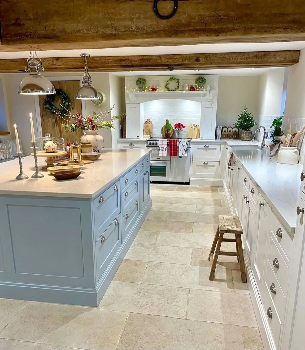 9. Soft Blue Shaker Island with Classic Pendants in White + Warm Greige (Farmhouse Kitchen Lighting Ideas)