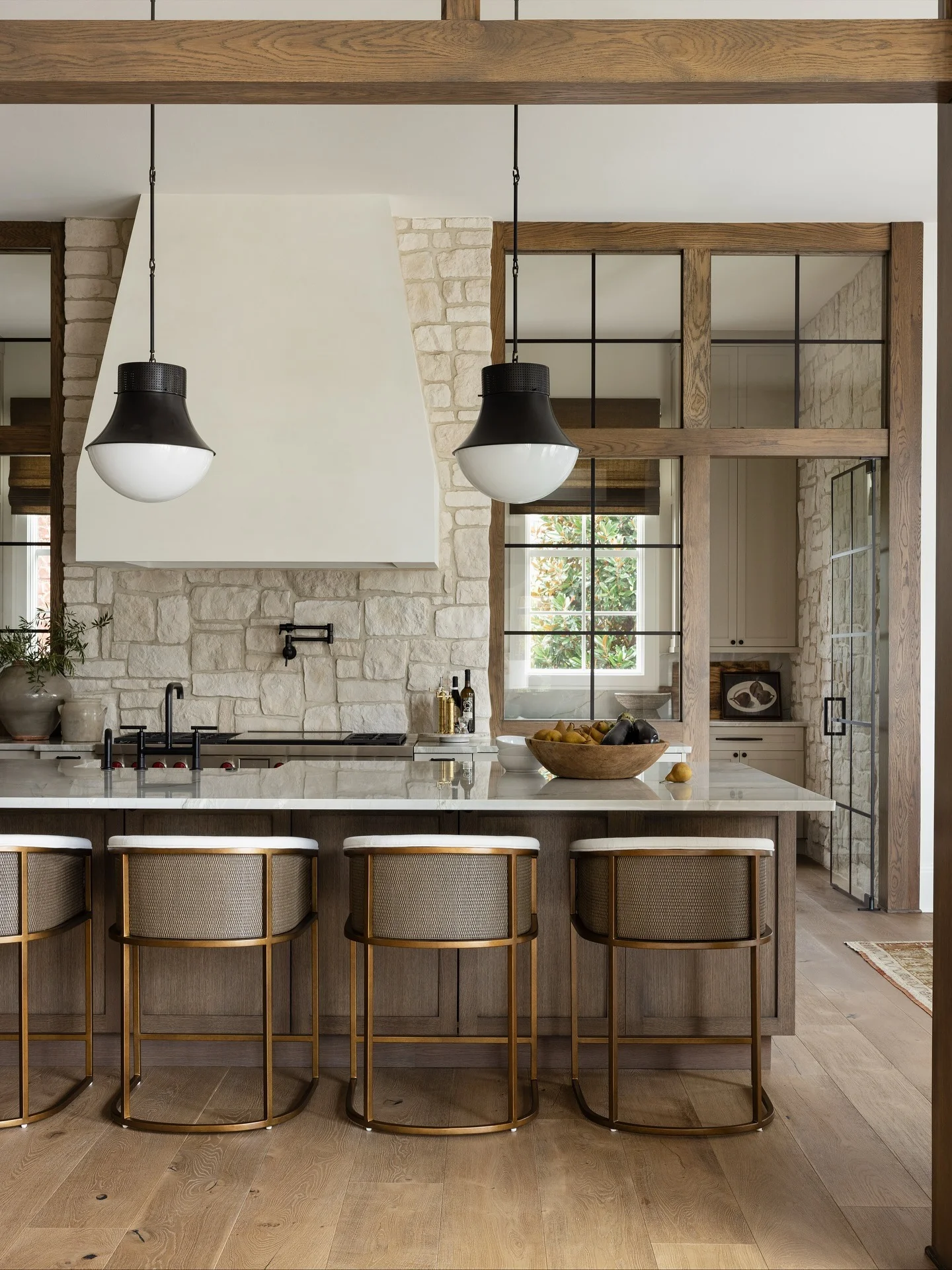 2. Modern Farmhouse Black Dome Pendants with Warm Oak + Cream Stone (Farmhouse Kitchen Lighting Ideas)