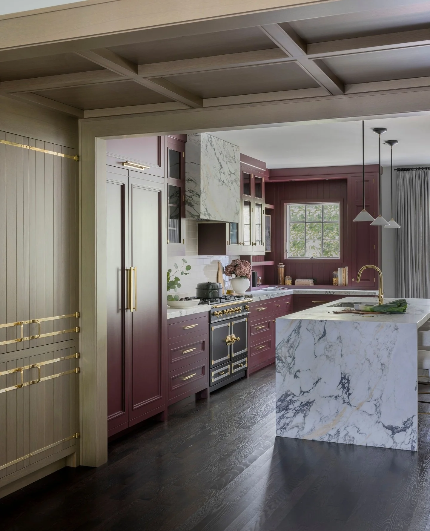 1. Burgundy Elegance with Marble Accents (Garage Kitchen Ideas)
