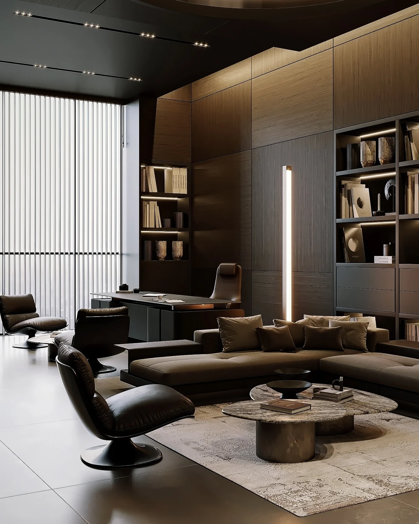 1. Refined Executive Minimalism in Deep Walnut and Charcoal (Old Money Office Ideas)