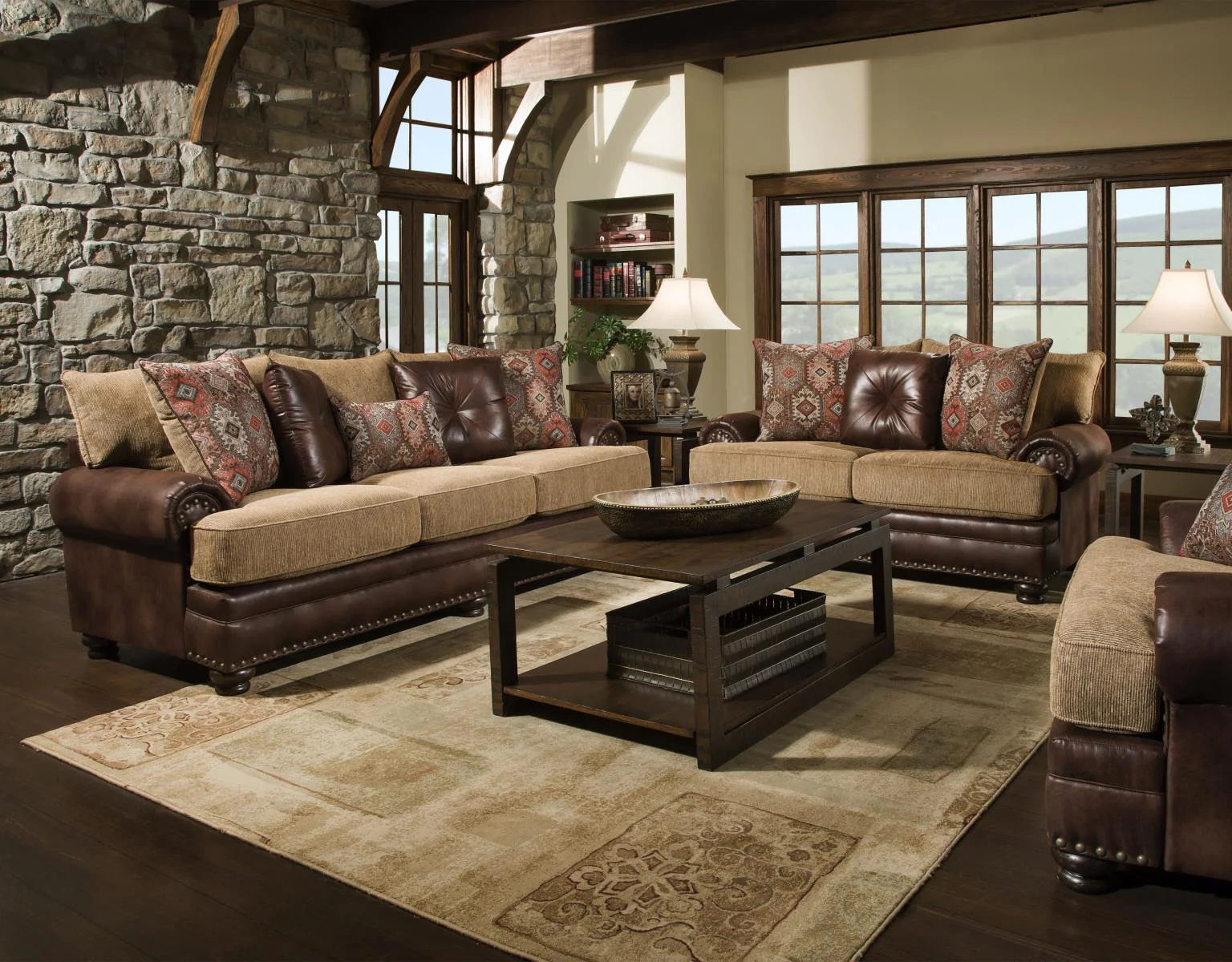 1. Warm Lodge Comfort in Chestnut and Sand (Rustic Living Room Furniture Ideas)