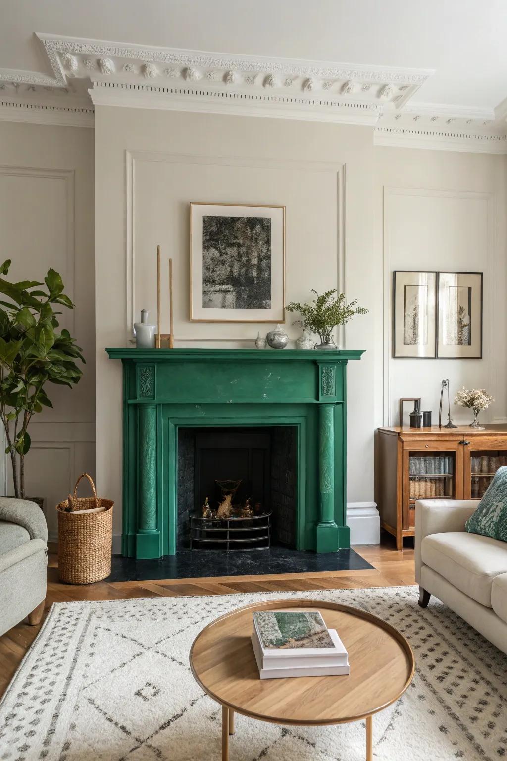 A bold emerald green fireplace surround set within a minimalist living room.