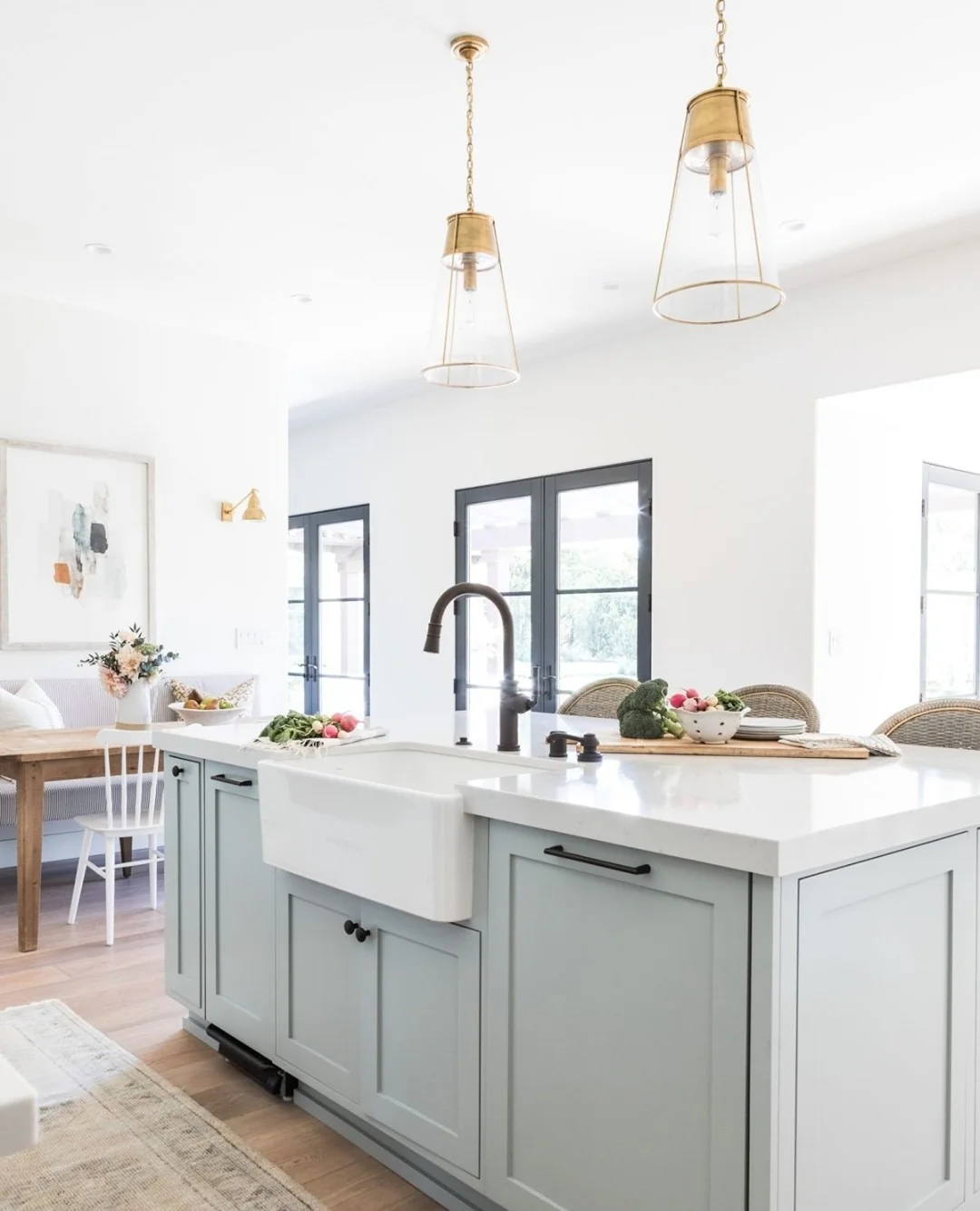 13. Coastal-Inspired Light Grey Island with White Perimeter Cabinets (Light Grey Kitchen Cabinets Ideas)