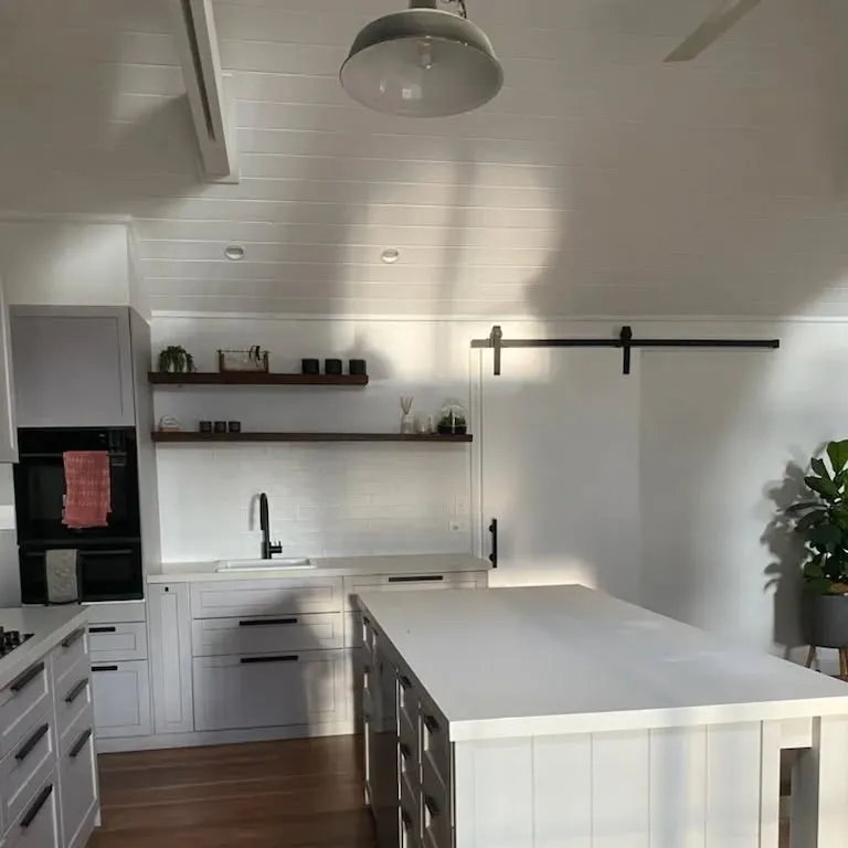 5. Modern Cottage Light Grey Kitchen with Open Shelving (Light Grey Kitchen Cabinets Ideas)