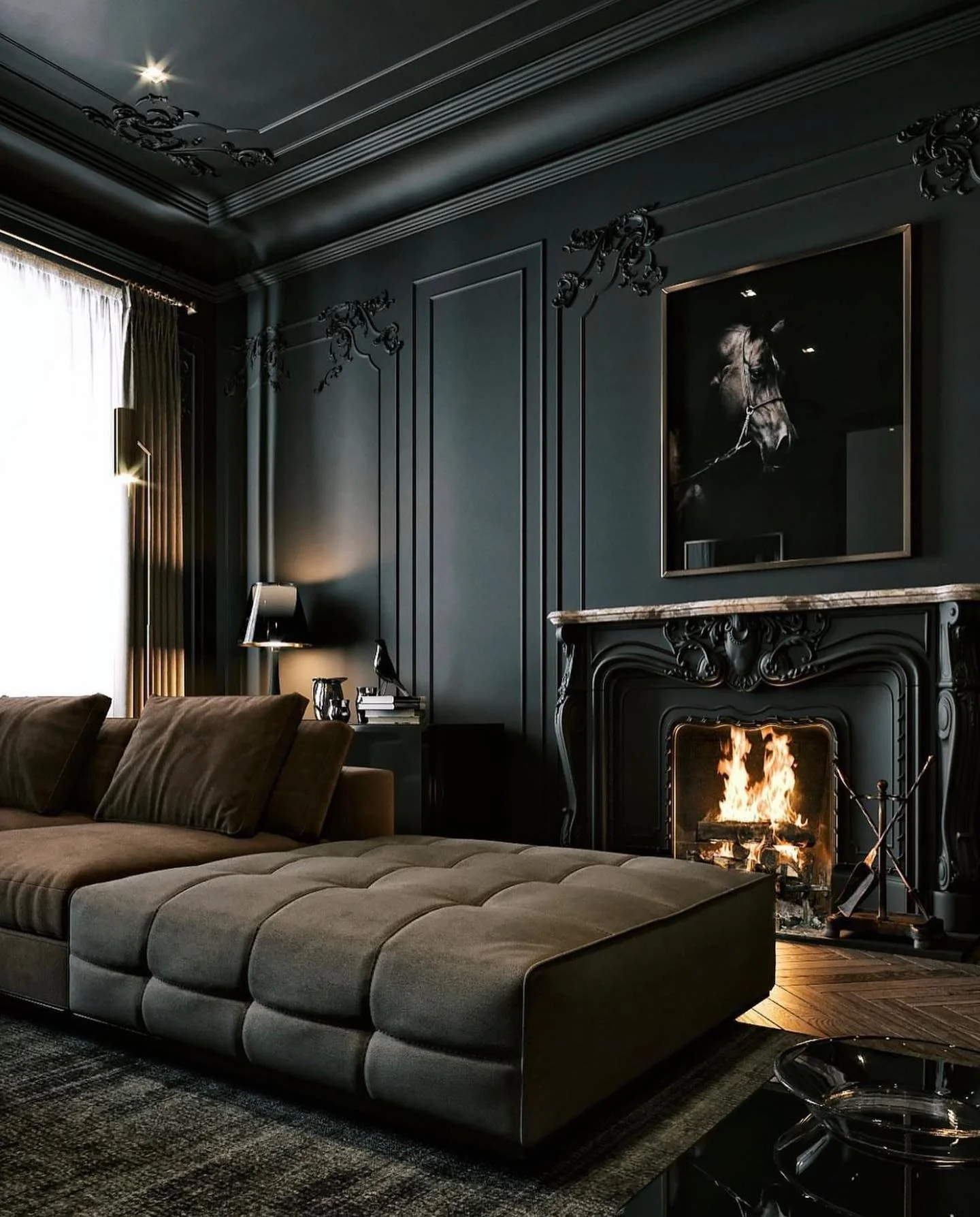 8. Dark Elegance with Sculptural Fireplace and Deep Brown Seating (Brown and Black Living Room Ideas)