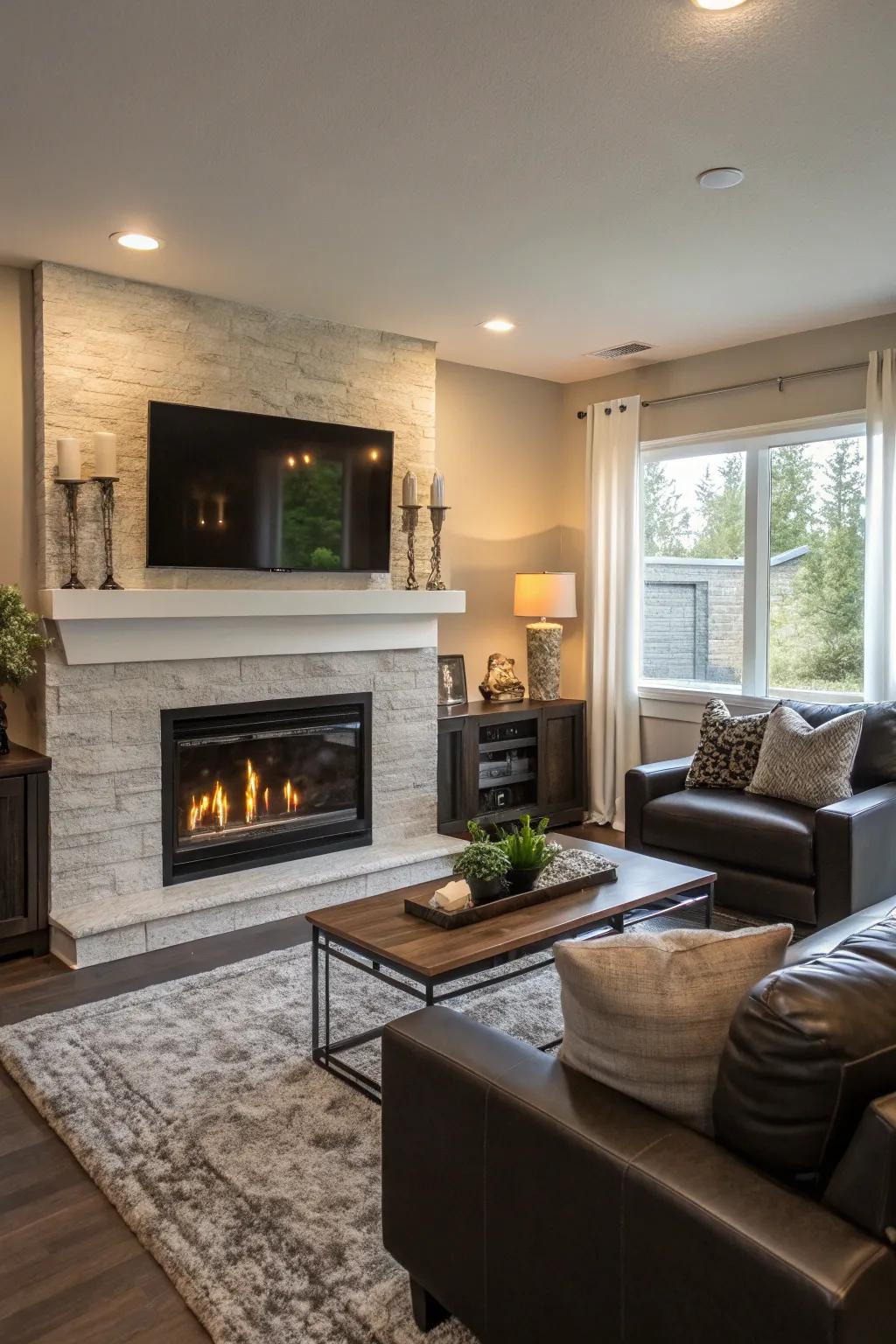 A dual-focus living space featuring a fireplace and TV.