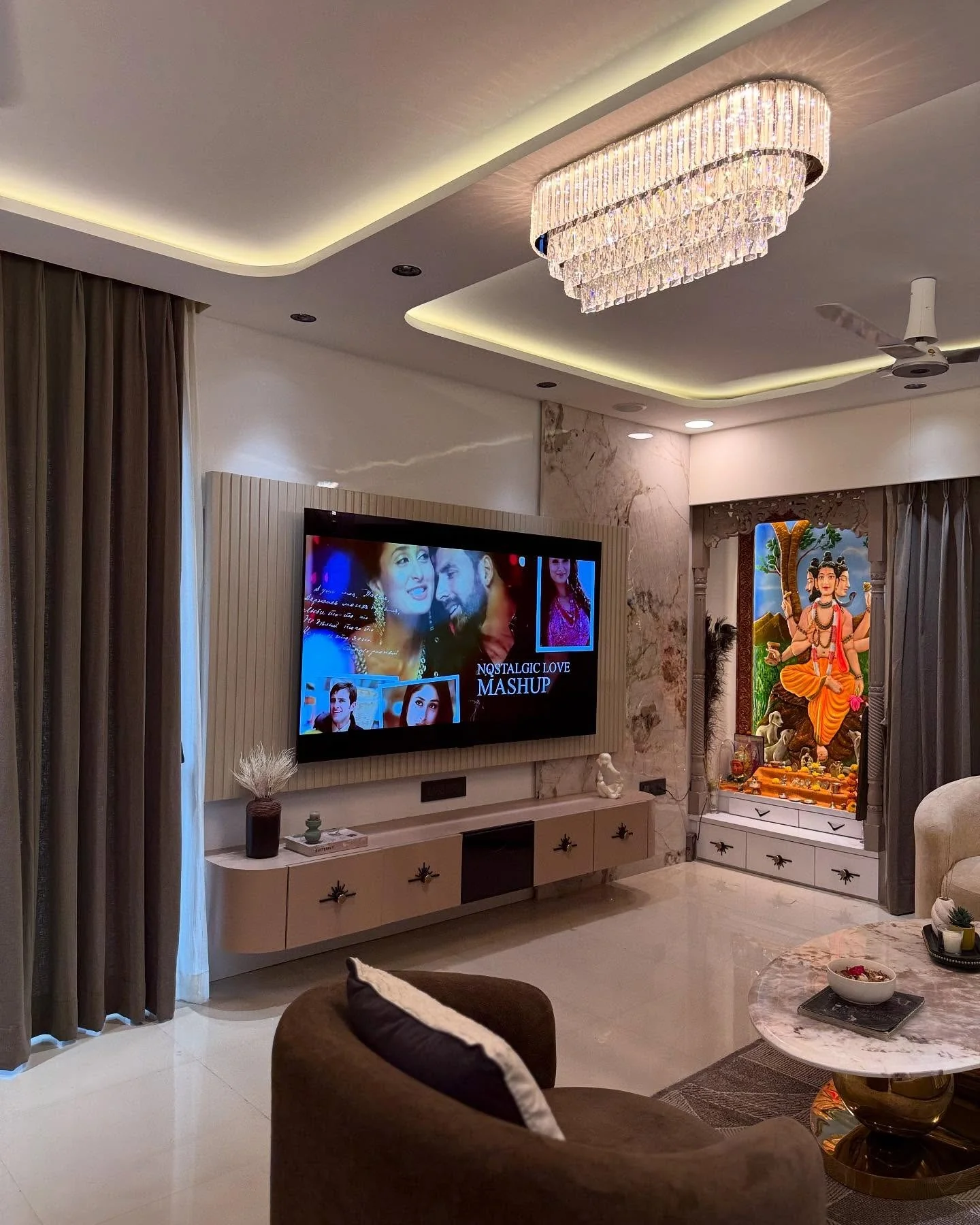 1. Contemporary Luxe with Cultural Grace (Dark Brown Living Room Ideas)