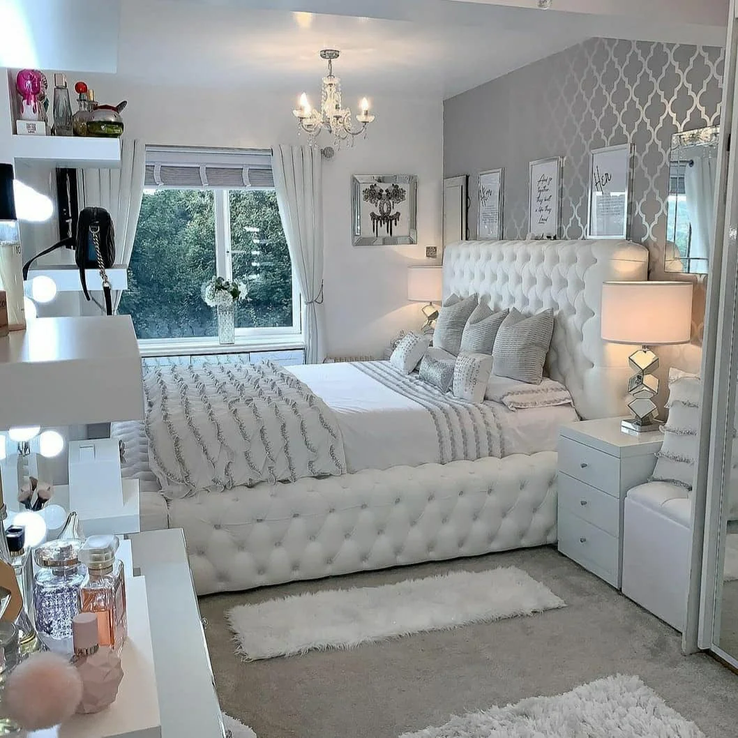 1. Glam White Bedroom with Tufted Upholstery and Silver Accents (White Furniture Bedroom Ideas)